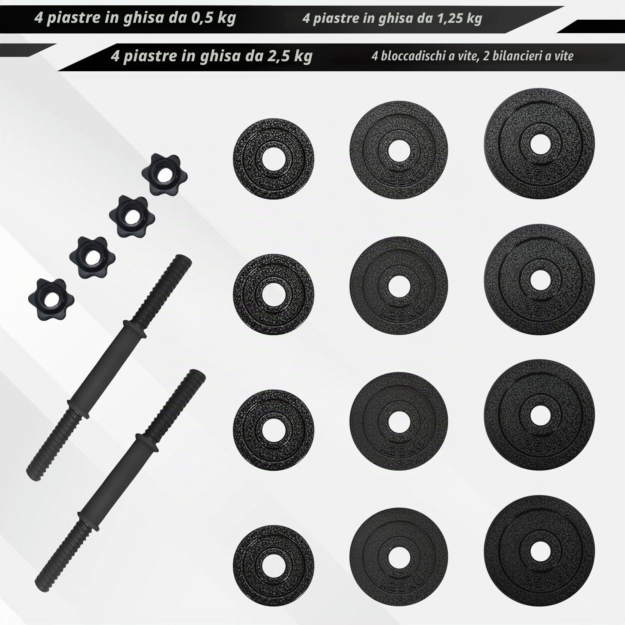Kit di manubri regolabile 20 kg – peso sollevamento pesi in ghisa – Alteres e barra con valigetta di trasporto – design ergonomico antiscivolo per sport a casa – nero