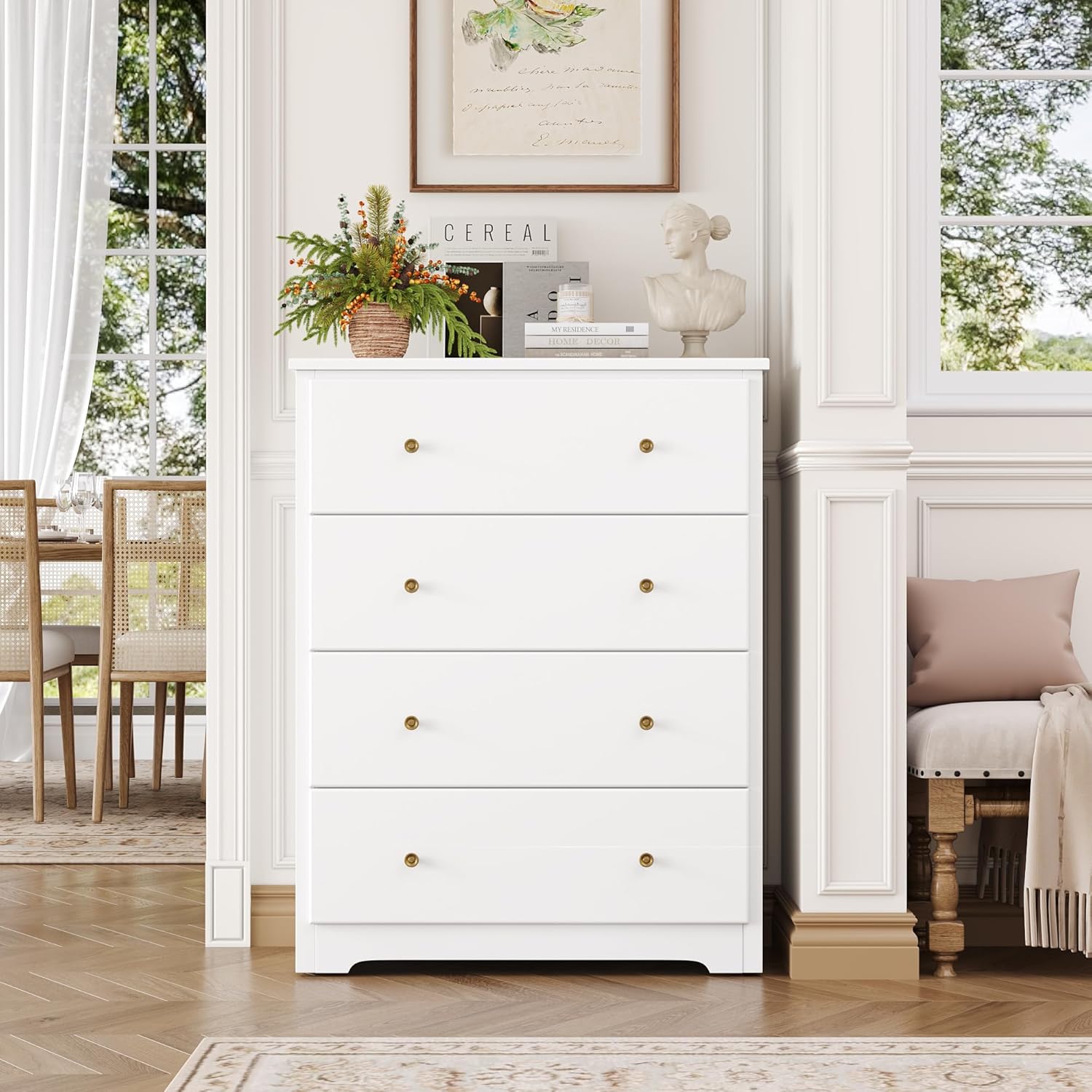 HOUSUIT White Dresser, 4 Drawer Dressers Chest of Drawers, Modern Tall Dresser, Wood Drawer Chest Storage Cabinet for Living Room, Hallway, Entryway, Home Office, Ivory White