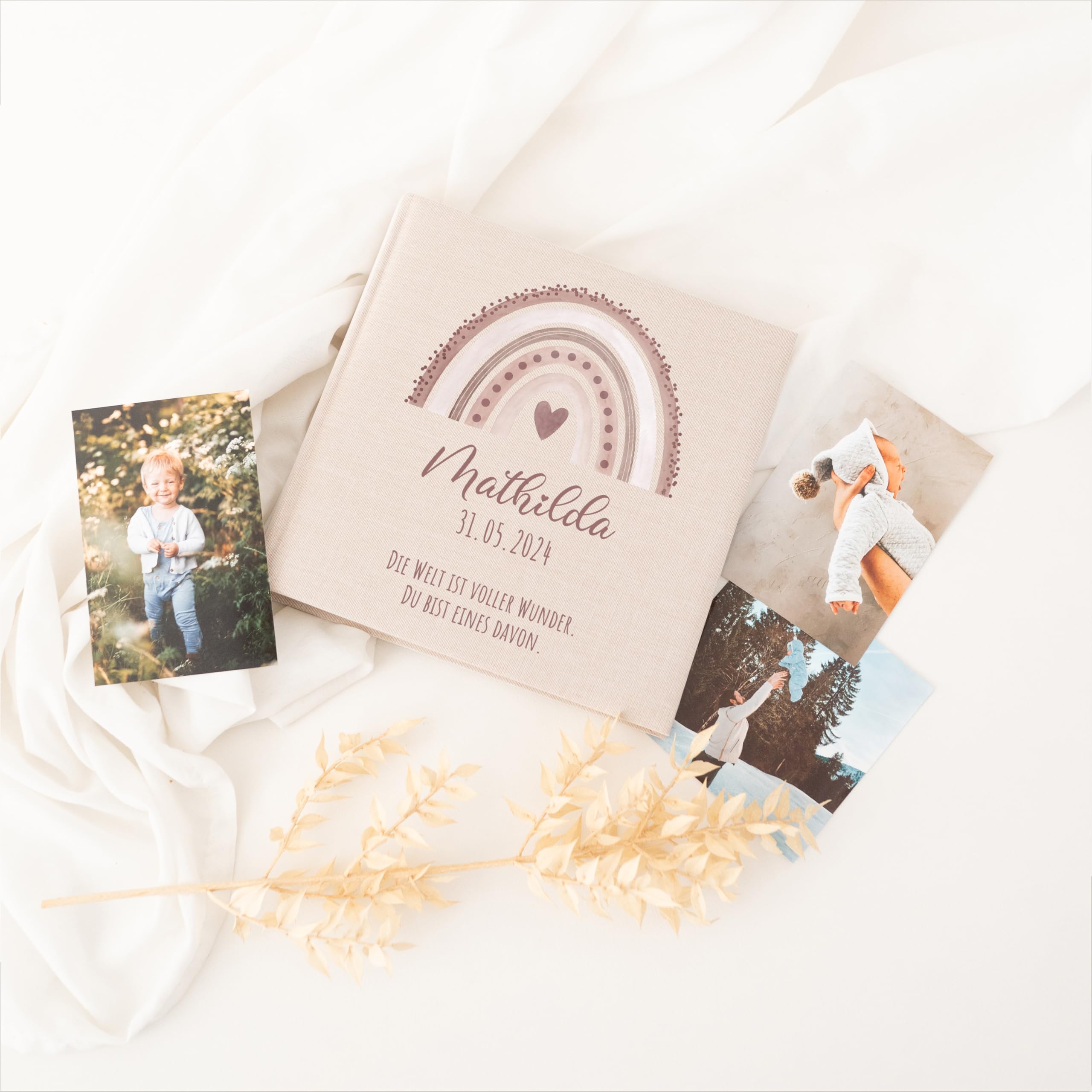 wunderwunsch Fotoalbum Einschulung personalisiert, Gästebuch, Deko, Erinnerungsalbum Schule, Geschenk Taufe, Kindergarten, Geburt, Geburtstag individualisiert (Regenbogen rosa)