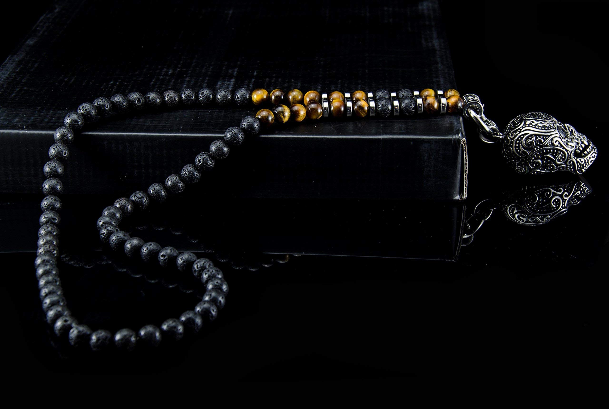 Kette für Herren Männer Halbedelstein Totenkopf Halskette Rosenkranz Onyx Schmuck schwarz Perlenkette Bikerschmuck Skull Edelstahl Gebetskette Geschenk Gothik Matt Lava Handmade