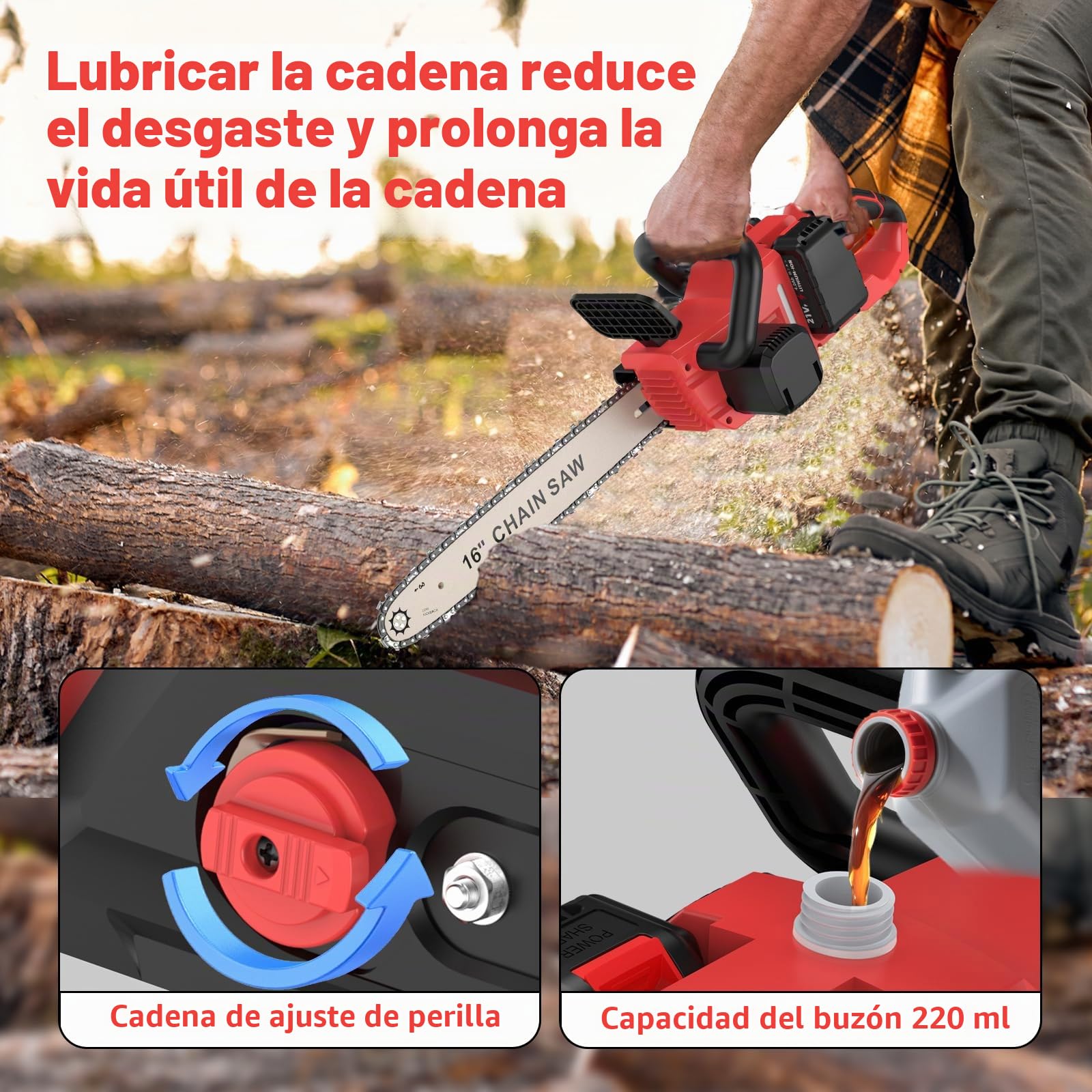 Motosierra eléctrica con batería de 16 pulgadas, 42 V (21 V*2), con 2 baterías de 4000 mAh, motor sin escobillas de 1800 W, lubricación automática de cadena, 40 cm de longitud de espada, para leña y