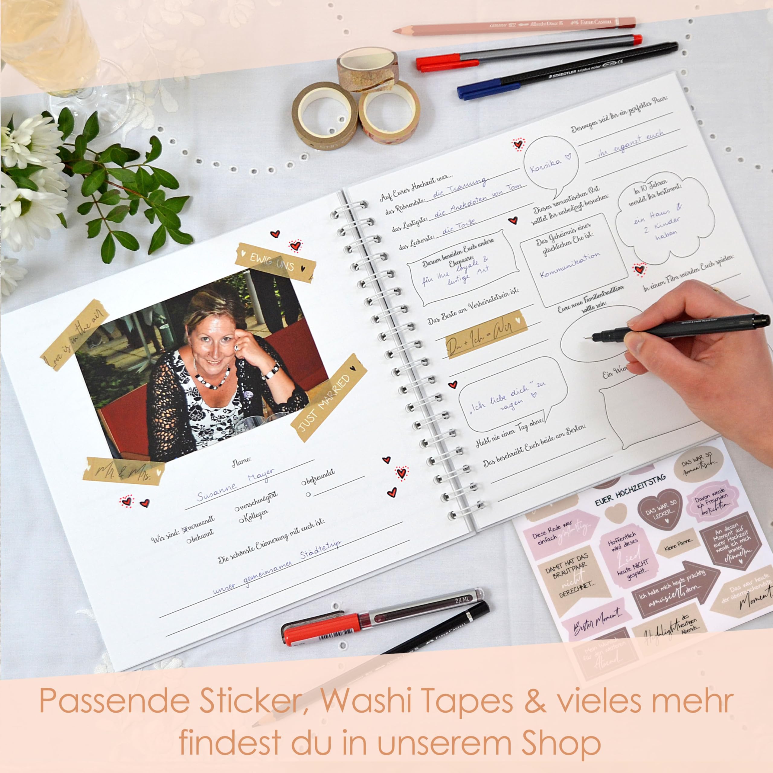 Gästebuch Hochzeit mit Fragen Ringbuch, Leinen Hochzeitsgästebuch mit vorgedruckten Fragen zum Ausfüllen, Personalisiert mit Namen, 25x25 cm Blumen, Feenstaub