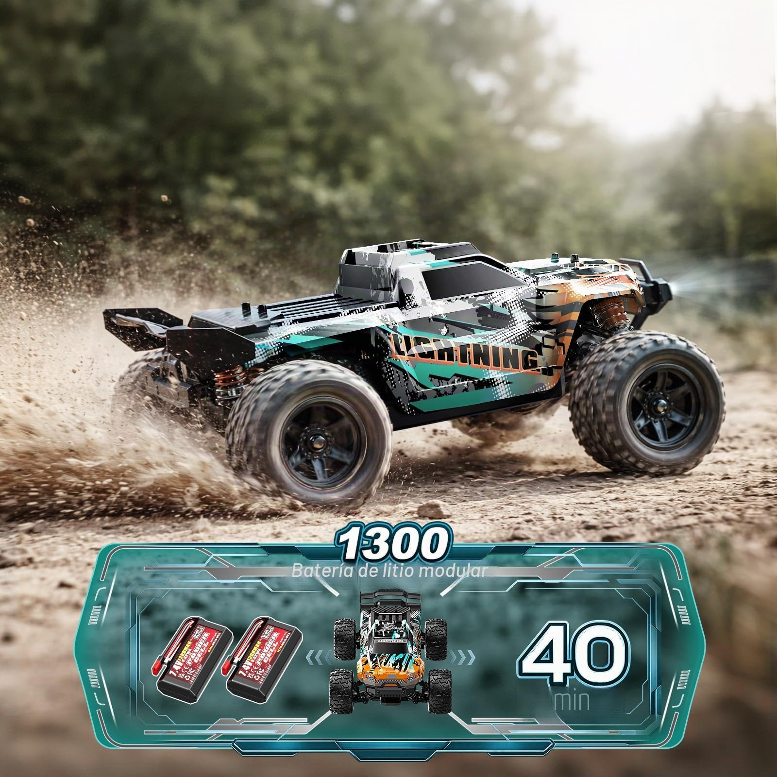 Coche Teledirigido 1:18 4WD 40 km/h Todoterreno 4x4, Coche Radiocontrol con 2 Baterías 7.4V 1300mAh, ESC Impermeable 2.4GHz, Doble Carrocería, Transmisión Metálica para Niños y Adultos