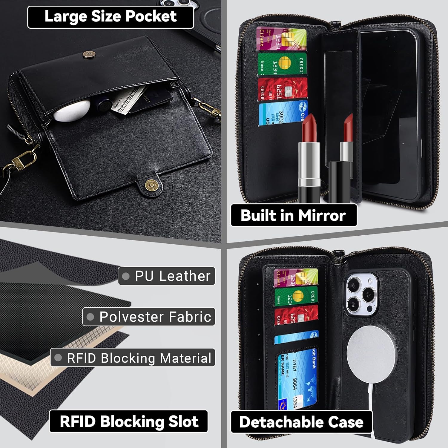 Lacass for iPhone 16 Detachable Crossbody Wallet Case, Compatible with MagSafe Magnetic 2 in 1 RFID Blocking PU Leather Wallet Cover Card Holder Zipper Make Up Mirror (Black) - Image 4