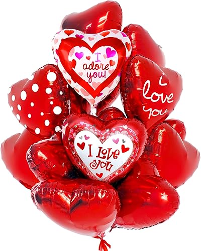 KatchOn, Juego de decoración de globos de corazón rojo de 18 pulgadas, paquete de 12 globos con texto en inglés "I Love You", decoraciones del día