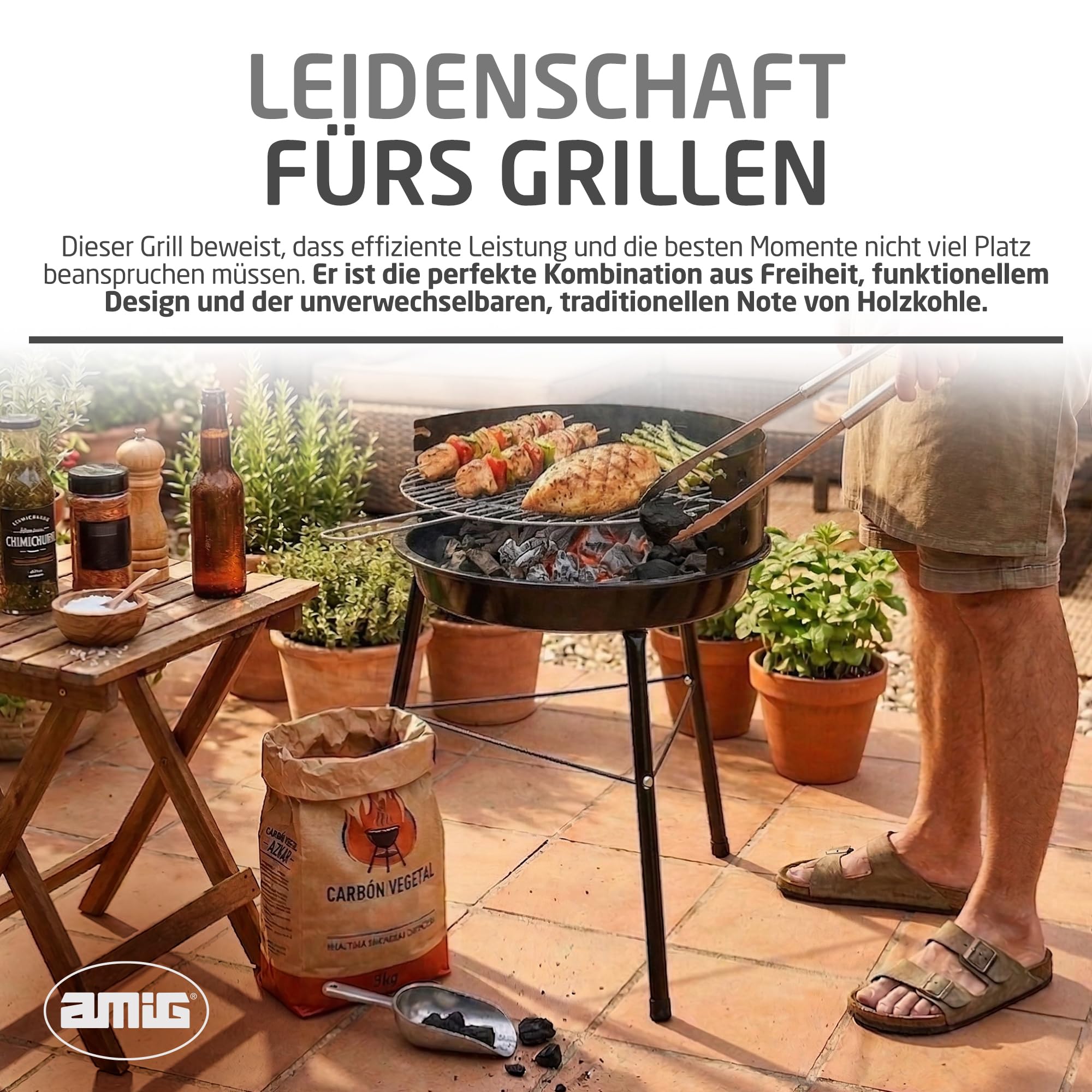 Amig - Kohlengrill - 33 x 35 x 56 cm - Schwarz - Aus Stahl gefertigt - Garten und Terrasse - für Balkon und Terrasse mit kompakten Abmessungen für praktische Nutzung und einfache Wartung. Mod. AZKAR