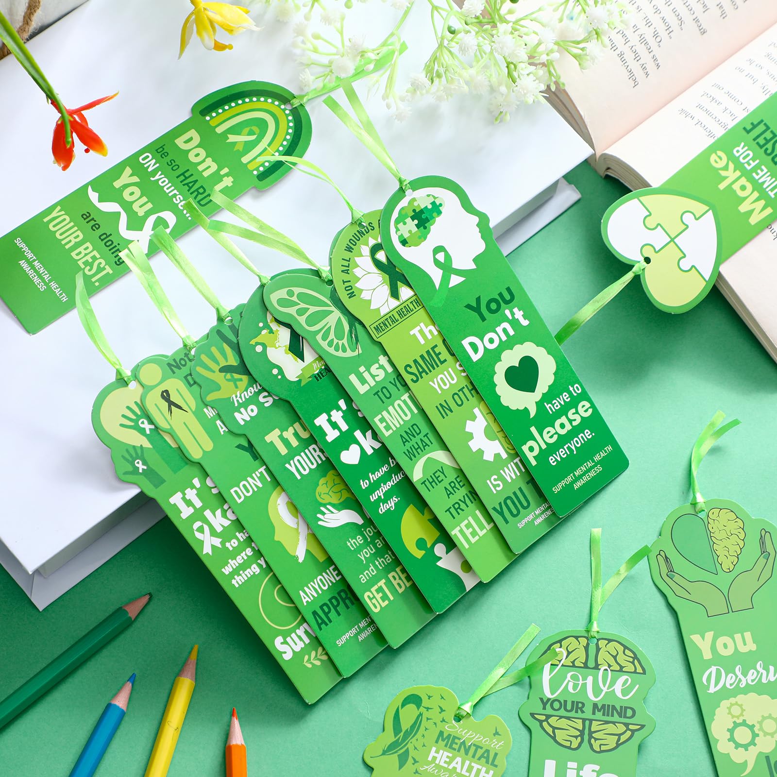 Skyygemm 120 Pcs Mental Health Awareness Bookmarks Green Positive Psychology Affirmation Therapy Inspirational Bookmarks Spiritual Gifts Mental Health Month Event Classroom Stationery Handout Supplies