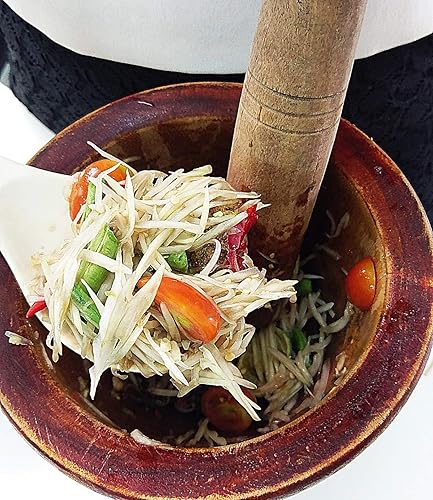 Vista 8 de Mortero de madera de Tailandia con molienda de mortero, Krok de madera para ensalada de papaya, mezclador Somtum, utensilios de cocina, alimentos