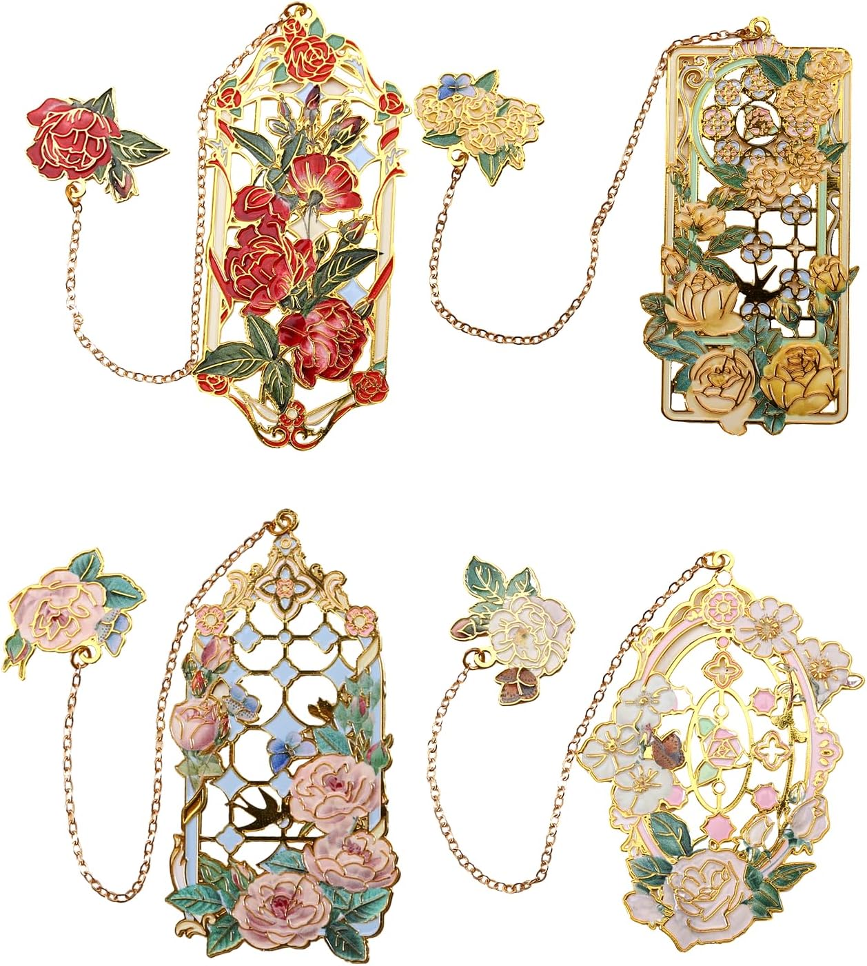 Metal Bookmarks 4 PCS, Rose-Themed Bookmarks for Women (Red, Yellow, Pink, White) (BKM-043-003-F4)