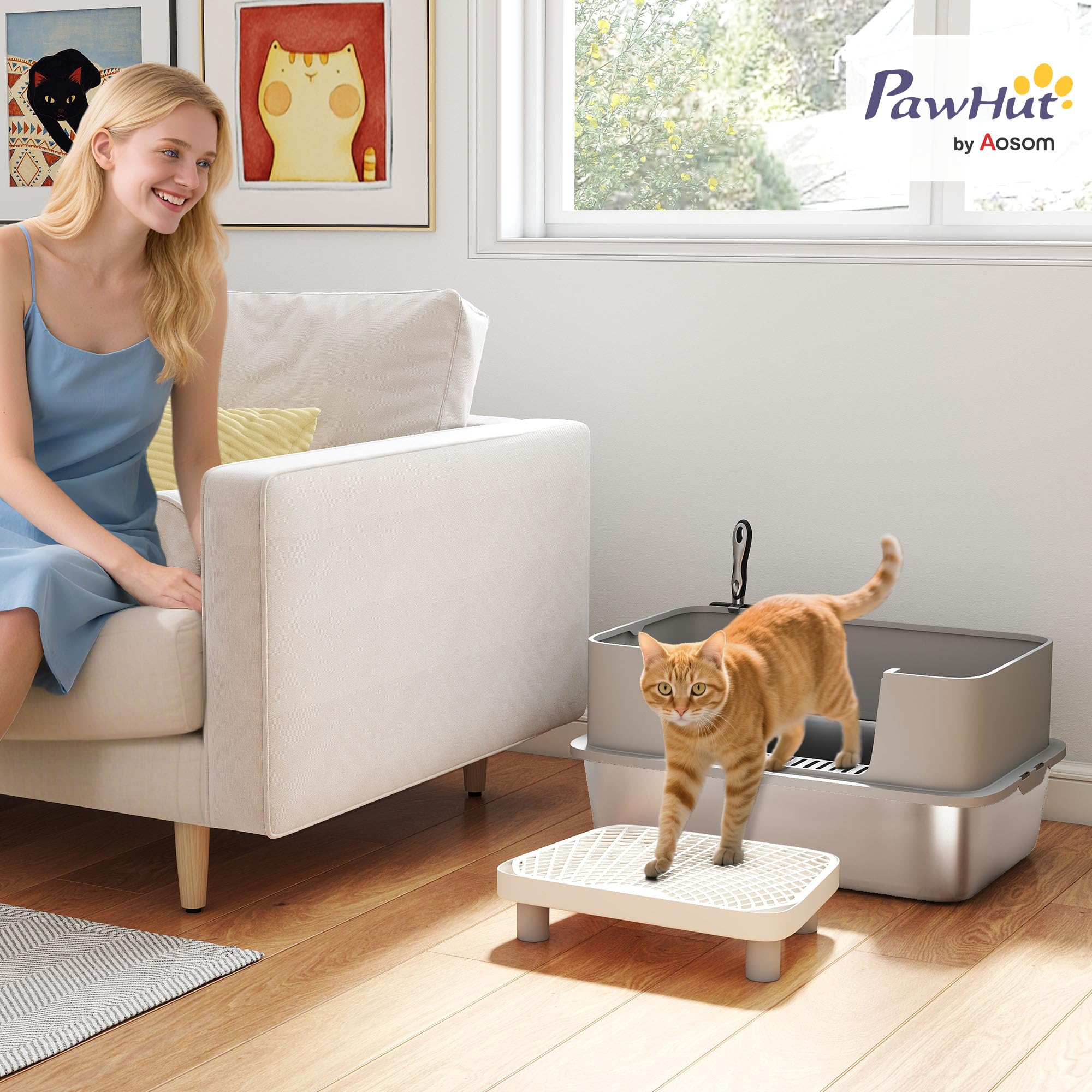 PawHut Stainless Steel Litter Box, Extra Large High Sided Cat Litter Box with Scoop, Pedal, Anti-Urine Leakage, Non-Sticky and Easy Cleaning, Gray - image 2