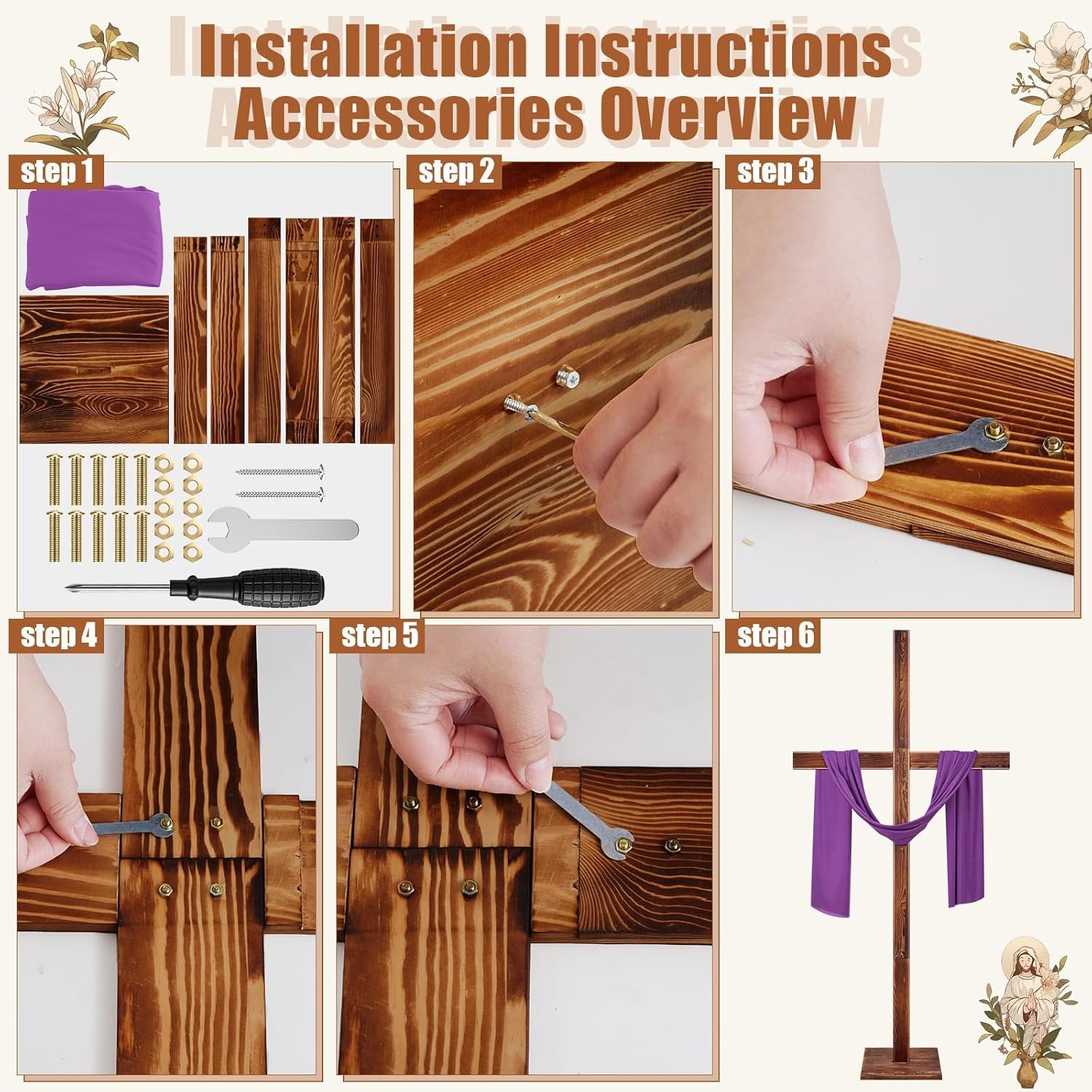 Blayvorn 78” Extra Large Wood Cross with Red Draped Cloth, Handcrafted Burned Wooden Christian Cross for Christ Jesus He Is Risen Outdoor Decor, Church Easter Display, Communion Church Decor (Dark)