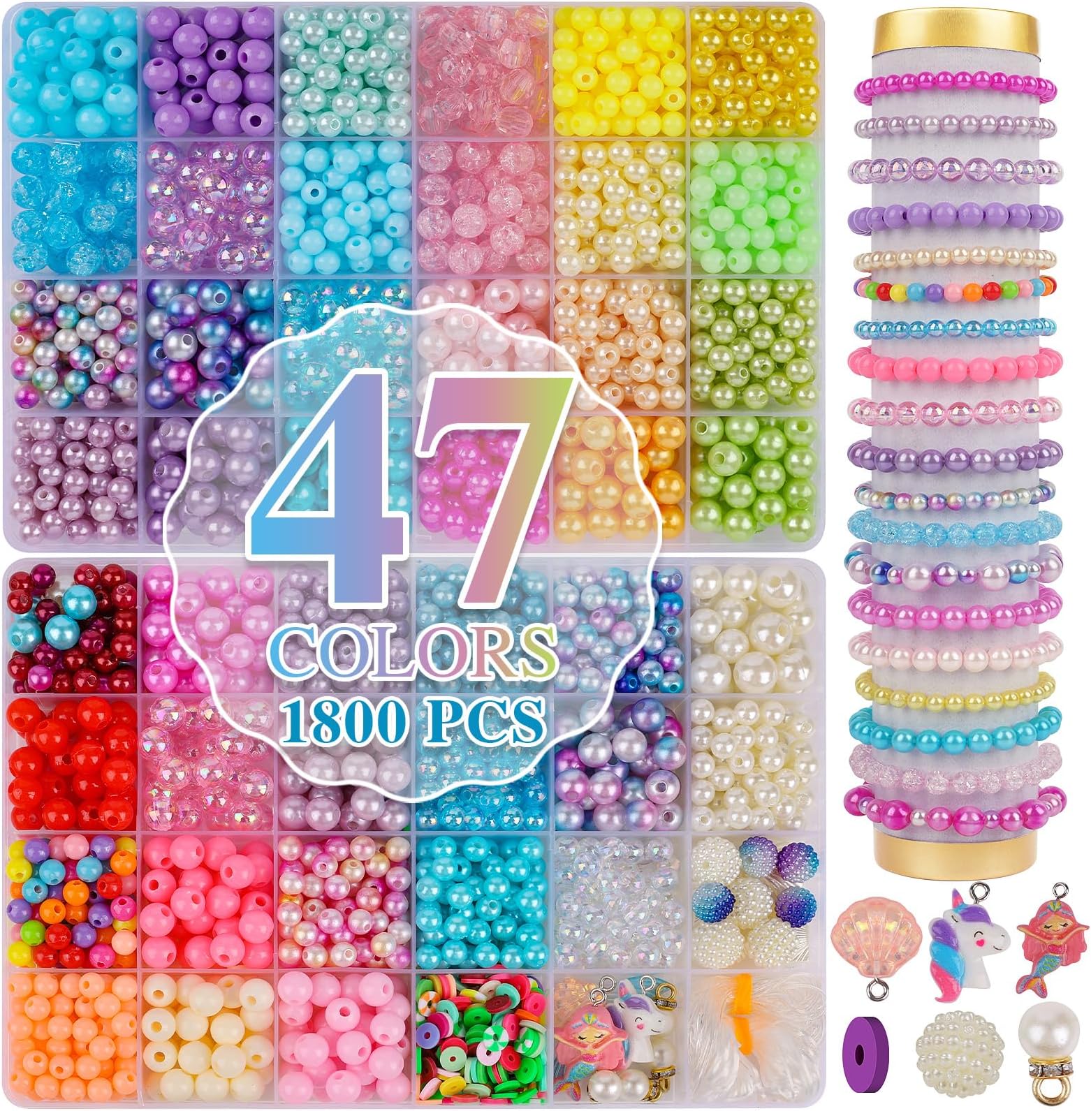 XSEINO Pearl Beads，1800PCS 8mm and 6mm，47 Colors Multicolor for Crafts with Holes for Jewelry Making, Small Pearl Filler Beads for Crafting Bracelet Necklace Earrings