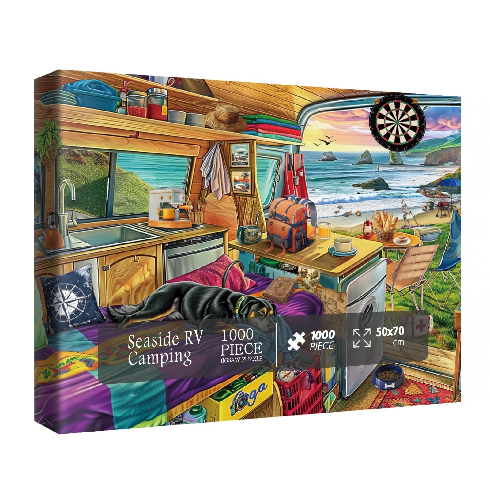 Beach Camping Puzzles for Adults 1000 Pieces, Nature Dog Fishing Jigsaw Puzzles, Animal Beautiful RV Puzzles