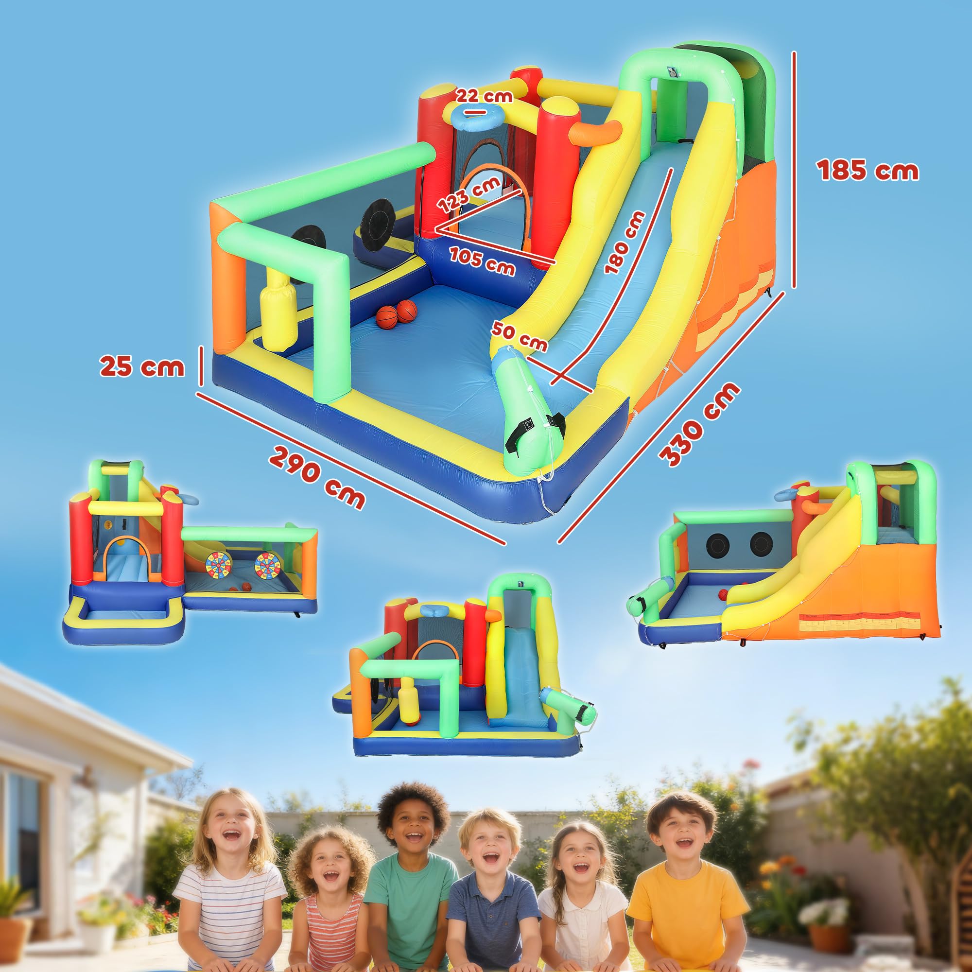 AIYAPLAY Castillo Hinchable Acuático con Soplador 550W 9 en 1 Castillo Hinchable Niños con Tobogán Zona de Salto Escalada 2 Piscinas Canasta Columna de Boxeo Dardos Exterior Interior 330x290x185 cm