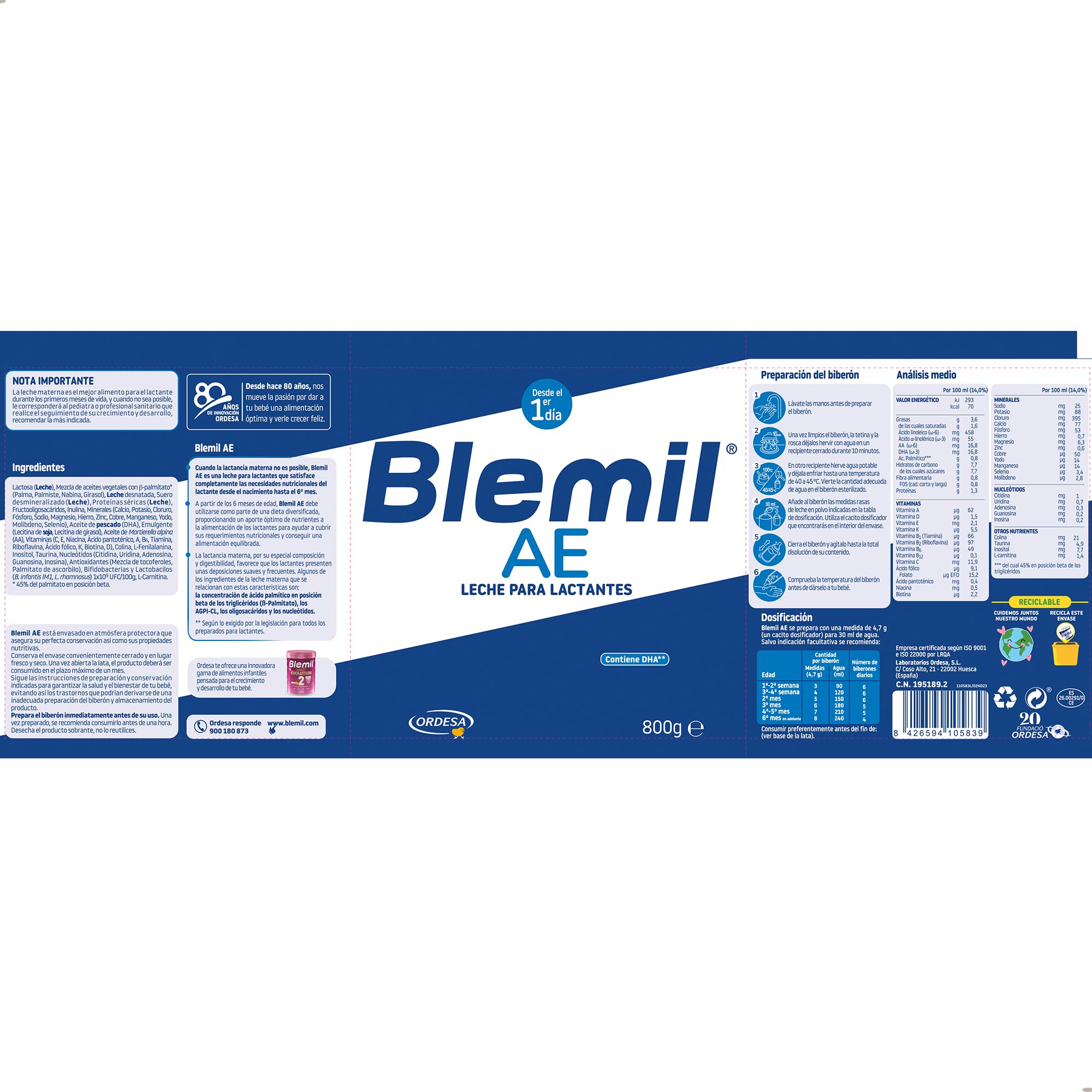 Blemil AE 800g Leche de Inicio en polvo Anti Estreñimiento