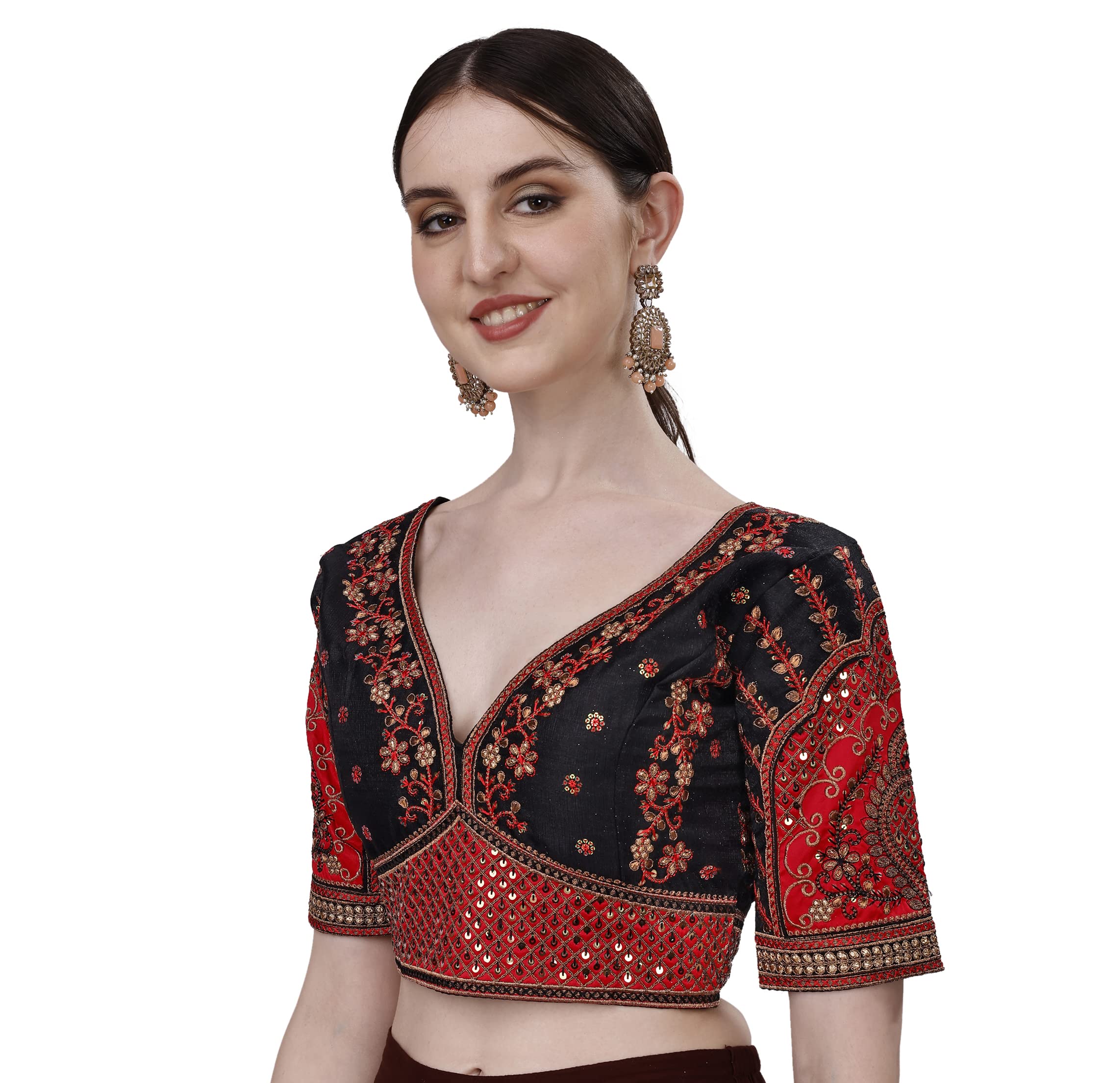 Pujia Mills Women's Heavy Embroidery Coding With Sequins Work Half Sleeves Fancy Readymade Saree Blouse(Rajwadi Black_42)