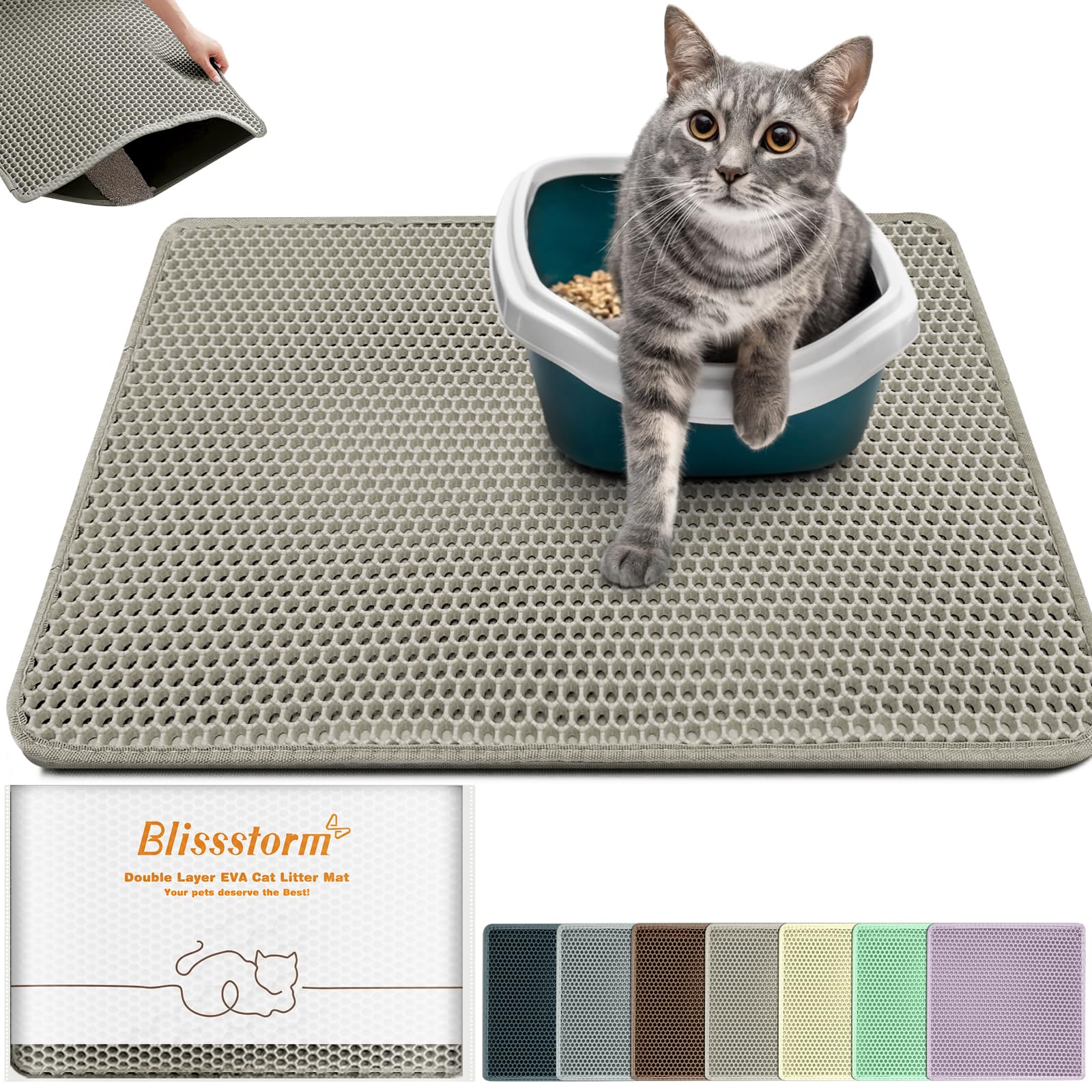 blissstorm Extra Large Waterproof Cat Litter Mat - New 47x27 Inch Honeycomb Double Layer Traps Litter, Waterproof & Non-Slip Floor Protector, Easy Clean, Odor-Free, Beige