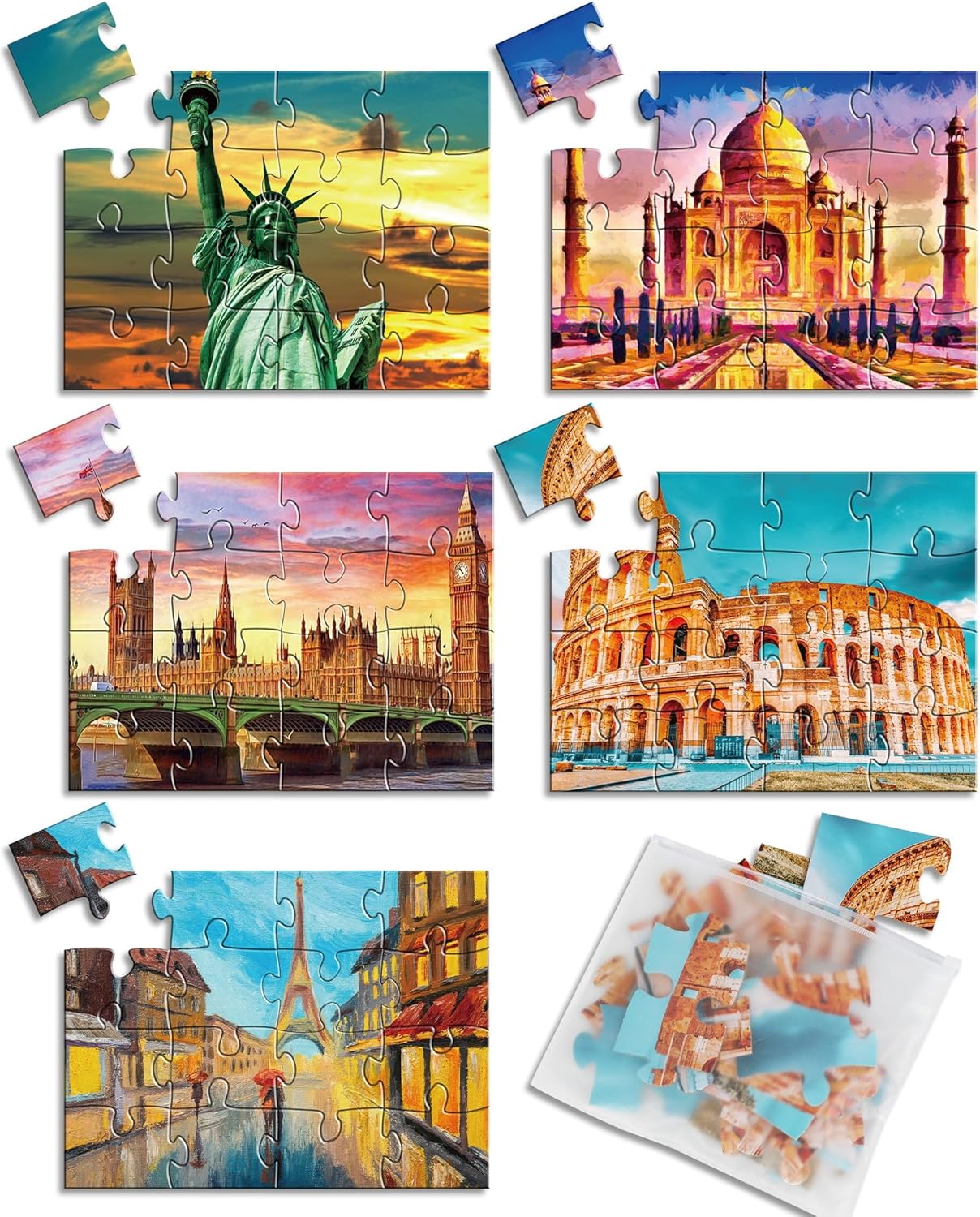 5 Packs 16 Piece Large Jigsaw Dementia Puzzles for Alzheimer’s Products Activities, Alzheimer's Puzzles Easy Memory Cognitive Games for Adults Gift with 5 Storage Bags, Construction
