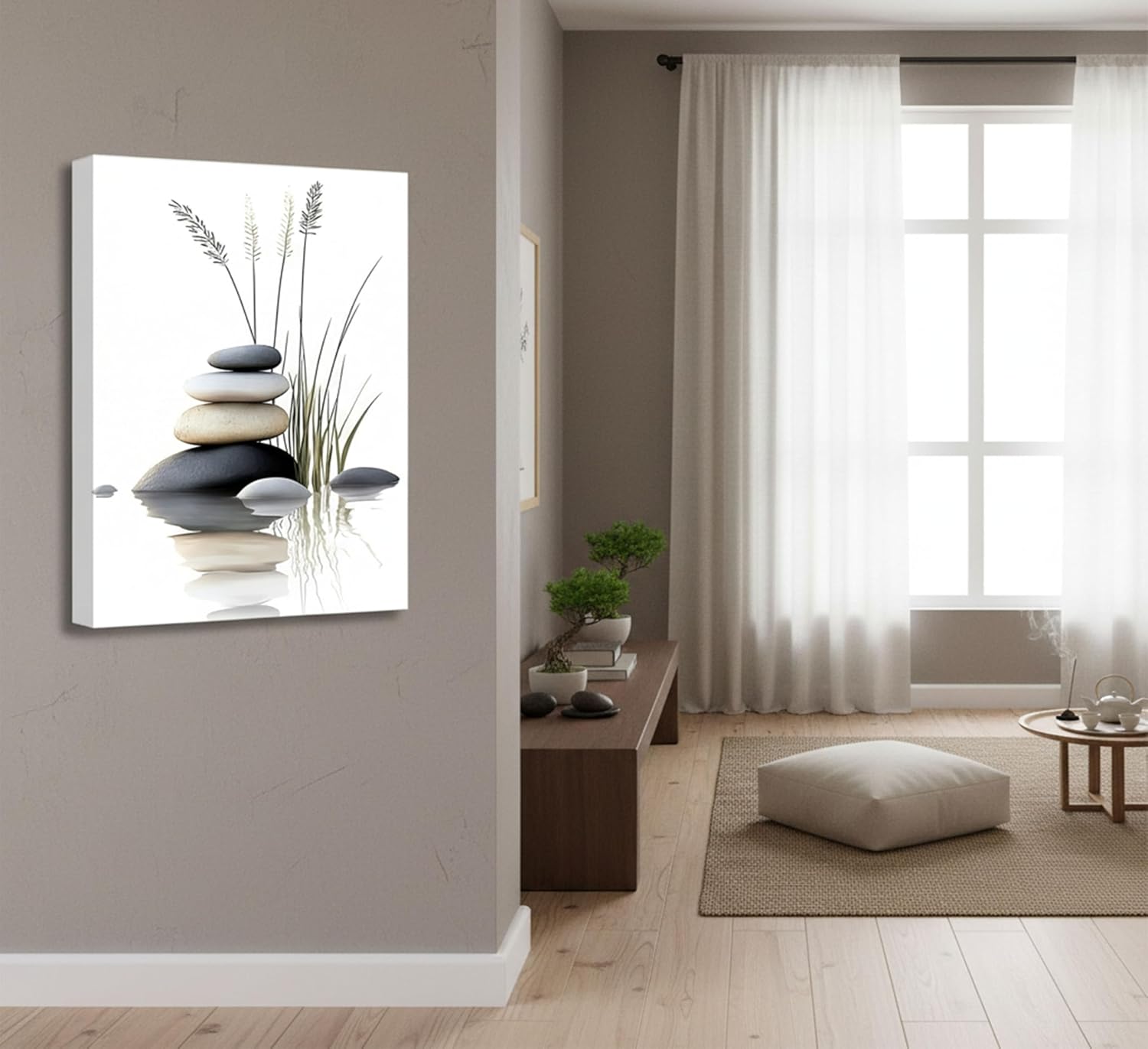1Pcs Zen Stone Canvas Wall Art Stacked Stones in Water with Grasses Painting Picture Wall Decor Poster Print Suitable for Yoga Meditation Room Bathroom Bedroom Study Home Decoration