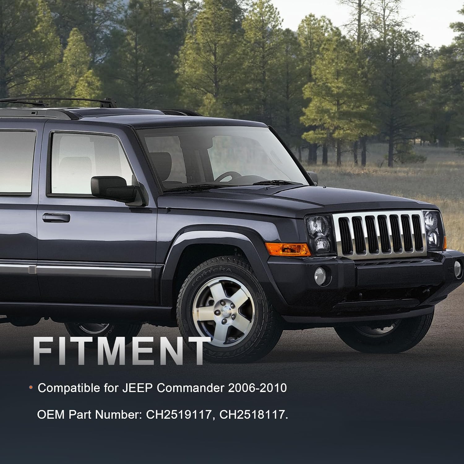 Headlights Assembly Replacement Compatible for 2006-2010 Jeep Commander Sport Utility Halogen with Clear Lens Black Housing Amber Reflector Front Lamps Driver and Passenger Side (Set of 2)