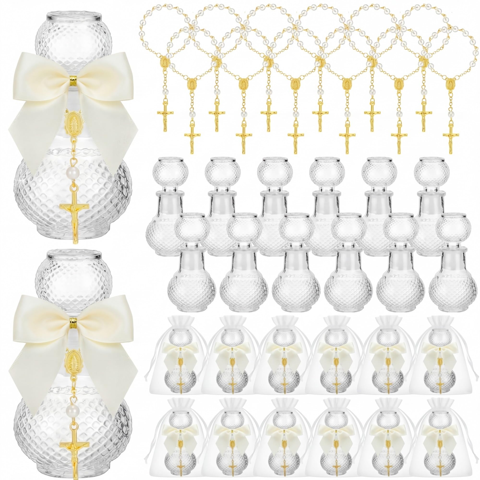 Souvenir de baptême et mariage : lot de 12 bouteilles sacrées en verre avec mini chapelet