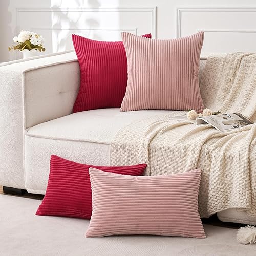 Miniatura 5 de MIULEE Paquete de 2 fundas de almohada de pana rosa rubor suave a rayas sólidas, fundas de almohada decorativas cuadradas para sofá de primavera,