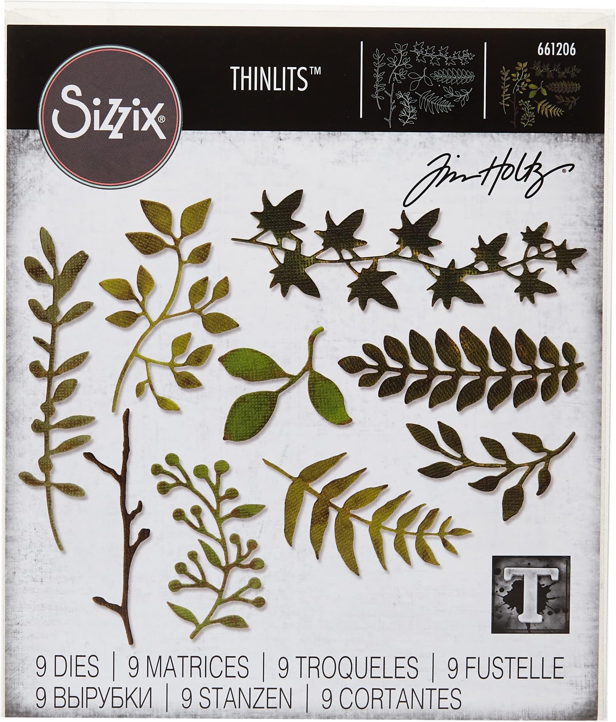 Thinlits Dies Garden Greens by Tim Holtz 9Pk, Carbon Steel, Multi-Colour, 19.1 x 14.4 x 0.4 cm