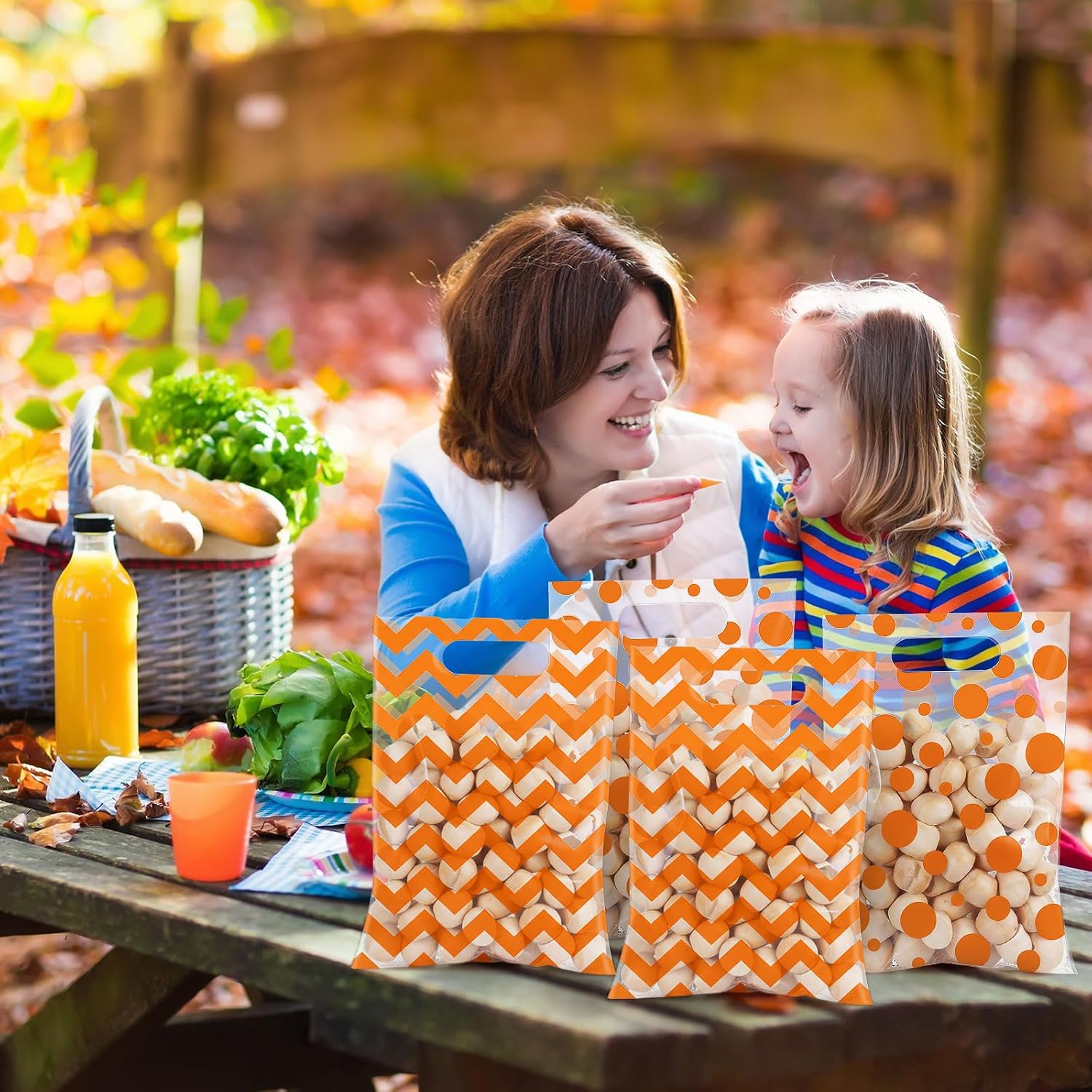 Funrous 90 Pcs Thanksgiving Gift Bags Bulk Fall Party Plastic Goodie Bags with Handle Orange Polka Dots Plaid Stripe Treat Candy Wrap for Autumn Party Favors Birthday Wedding Merchandise, 6.7" x 9.8"