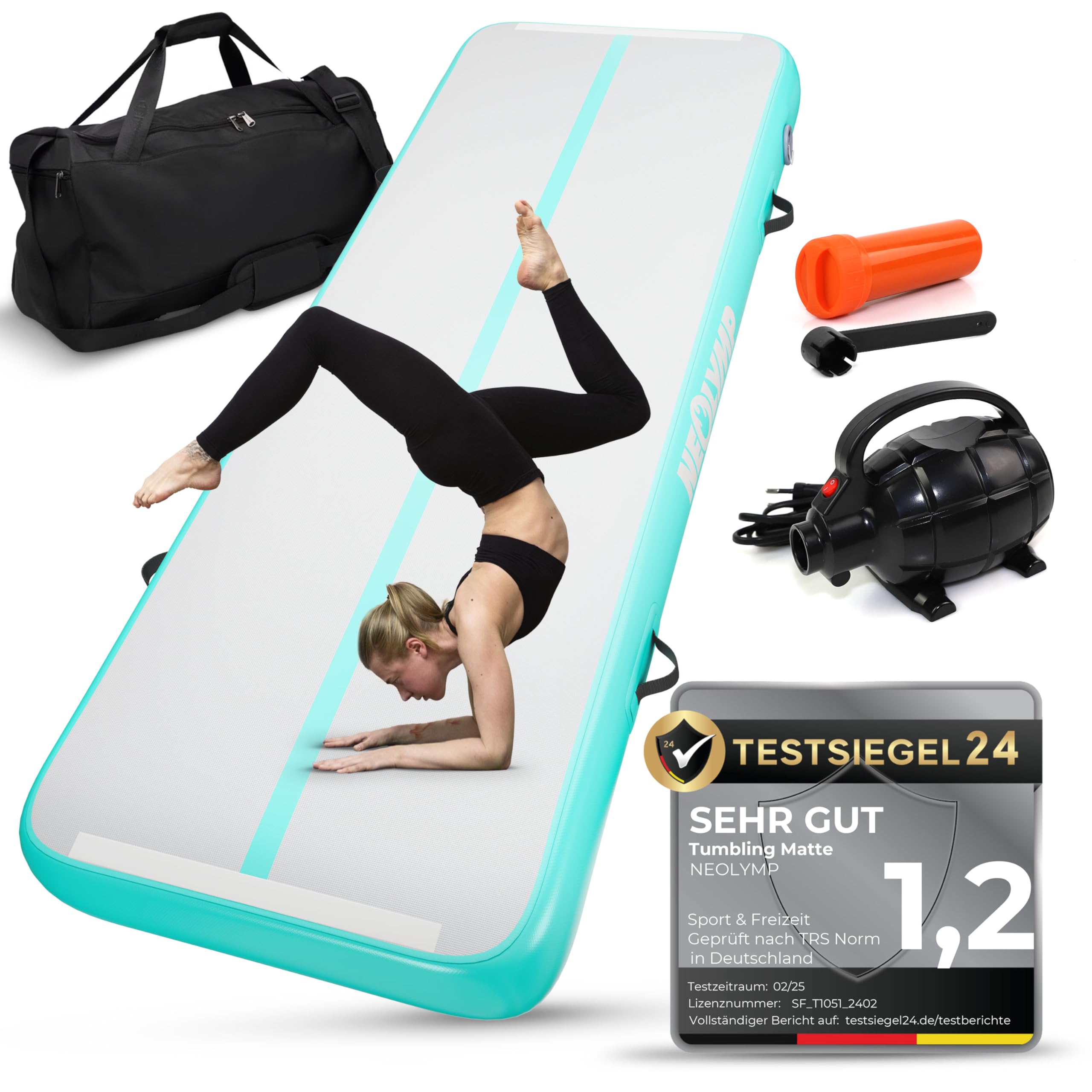 NEOLYMP Turnmatte - Tumbling Matte 3m - Aufblasbare Sprungmatte Kinder & Erwachsene - Rutschfeste Gymnastikmatte - Sportmatte mit elektrischer Luftpumpe