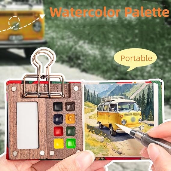 Mini Watercolor Travel Paint Set, Mini Portable Travel Watercolor Palette Set, 12 Colors Wooden Grid Paint Box, Watercolors Paper Pad Watercolor Sketchbook with Binder Clips for Artists Students
