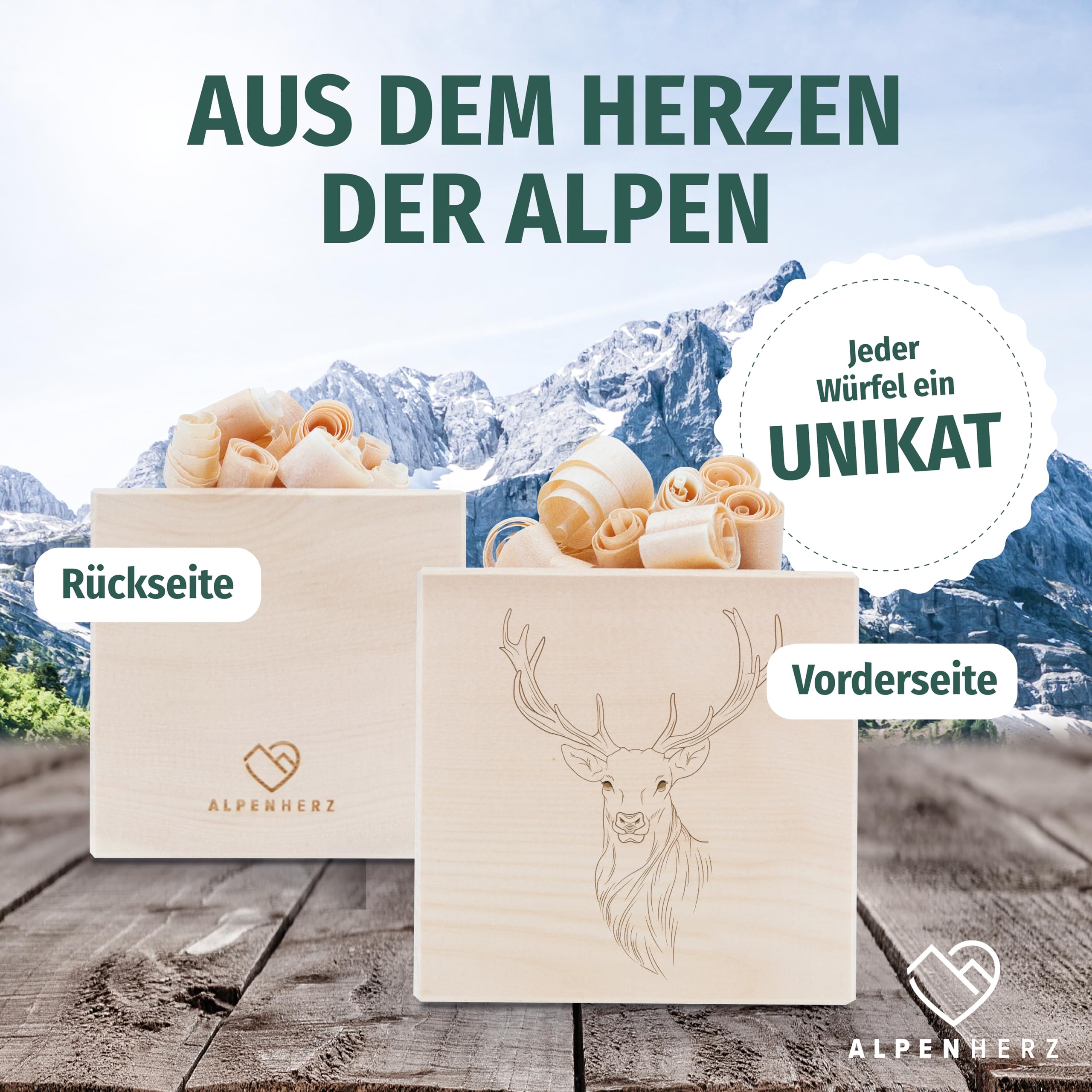 Alpenherz Zirbenwürfel Set - Zirbenöl 10 ml naturrein aus Österreich - Zirbenholz Würfel Duftspender Zirben Duft Holz Deko Zirbe Jäger Geschenke Zirbelkiefer Zirbenset (Hirsch)