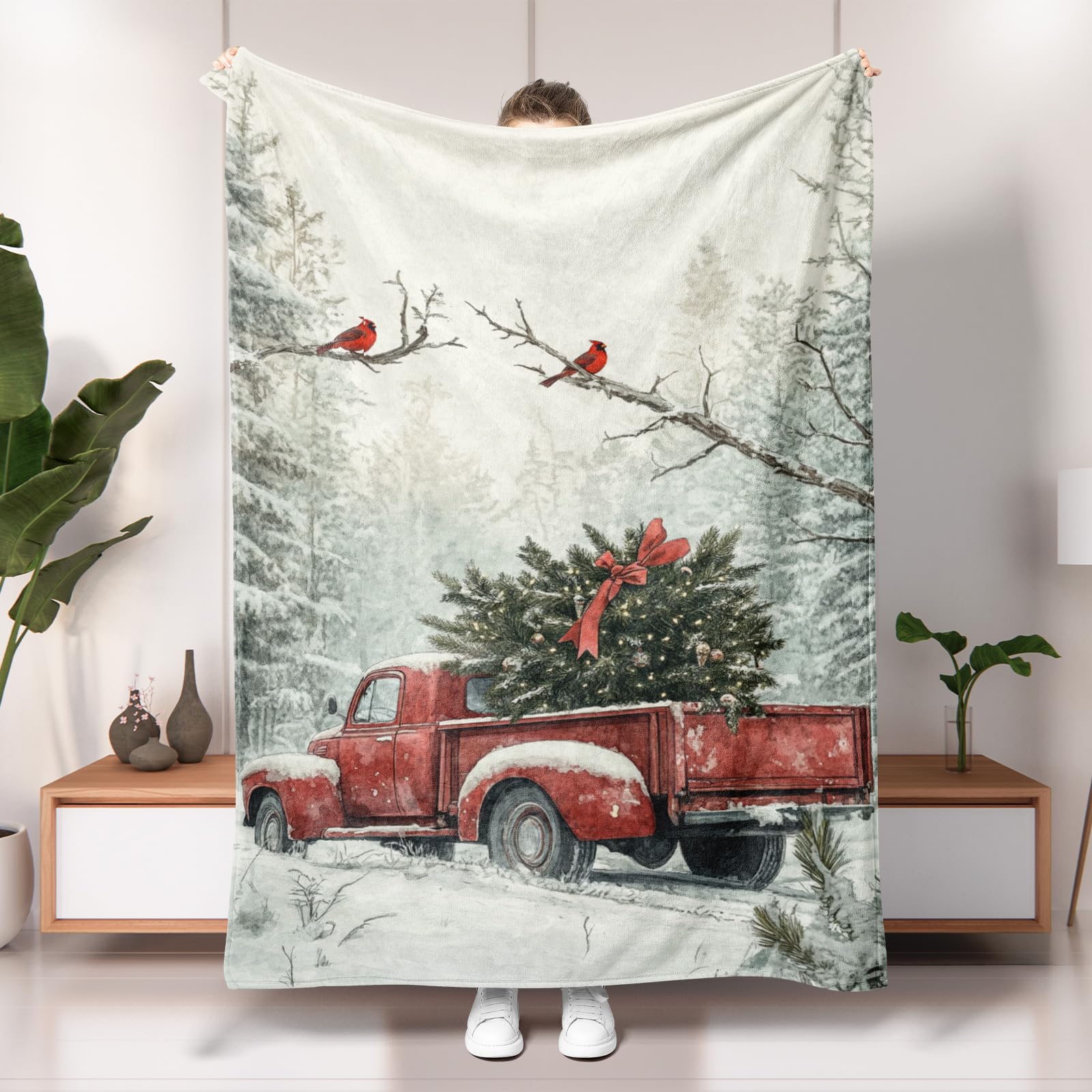 Christmas Red Truck Blanket, Cozy Winter Holiday Décor Throw Blanket, Soft Flannel Xmas Tree and Birds Design for Sofa, Bed, All Season 50x60 Inch