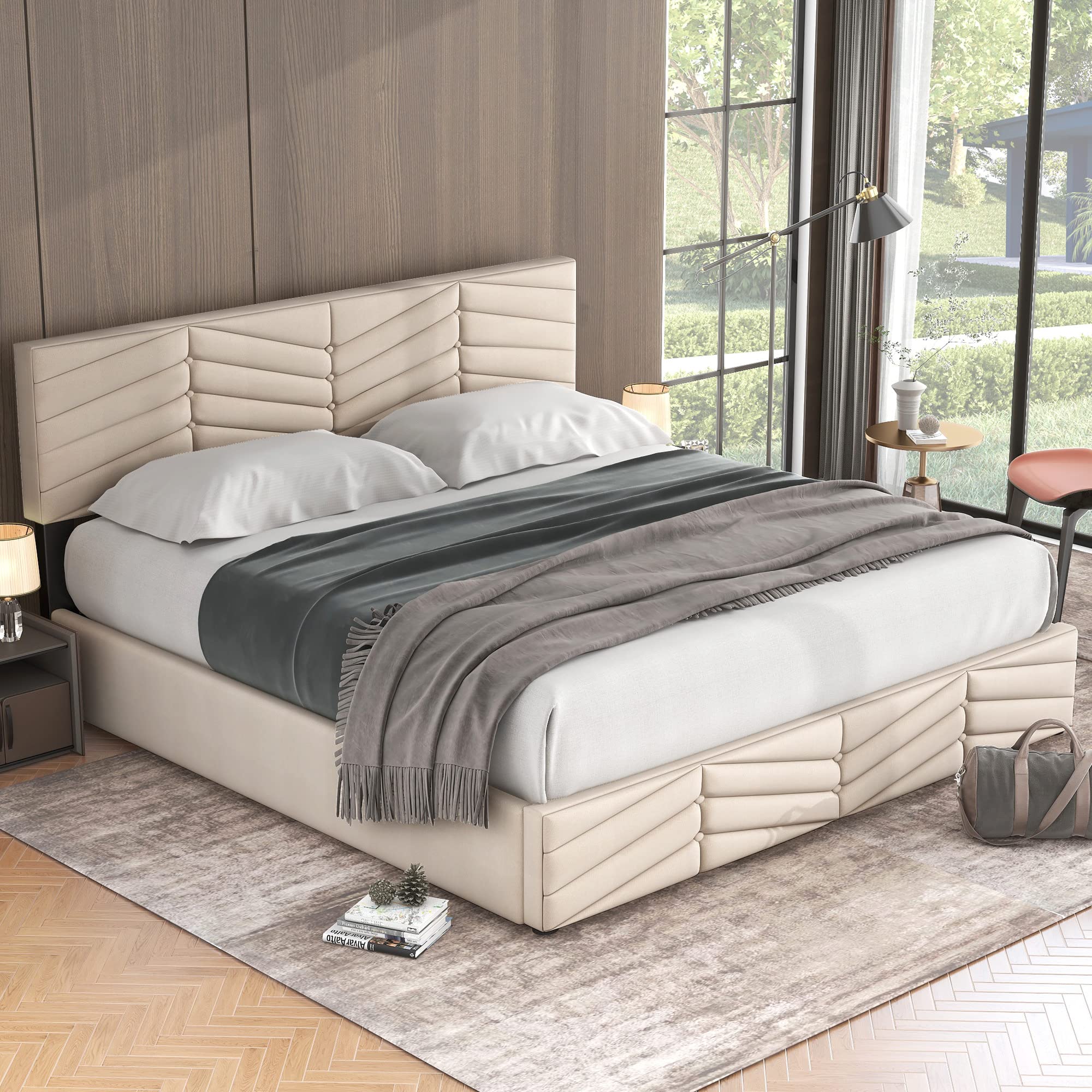 Letto Imbottito 180x200 cm, Letto Matrimoniale con Contenitore, Modern Struttura del Letti Idraulico con Testiera Regolabile In Altezza e Rete a Doghe In Legno, Velluto, Beige, Senza Materasso