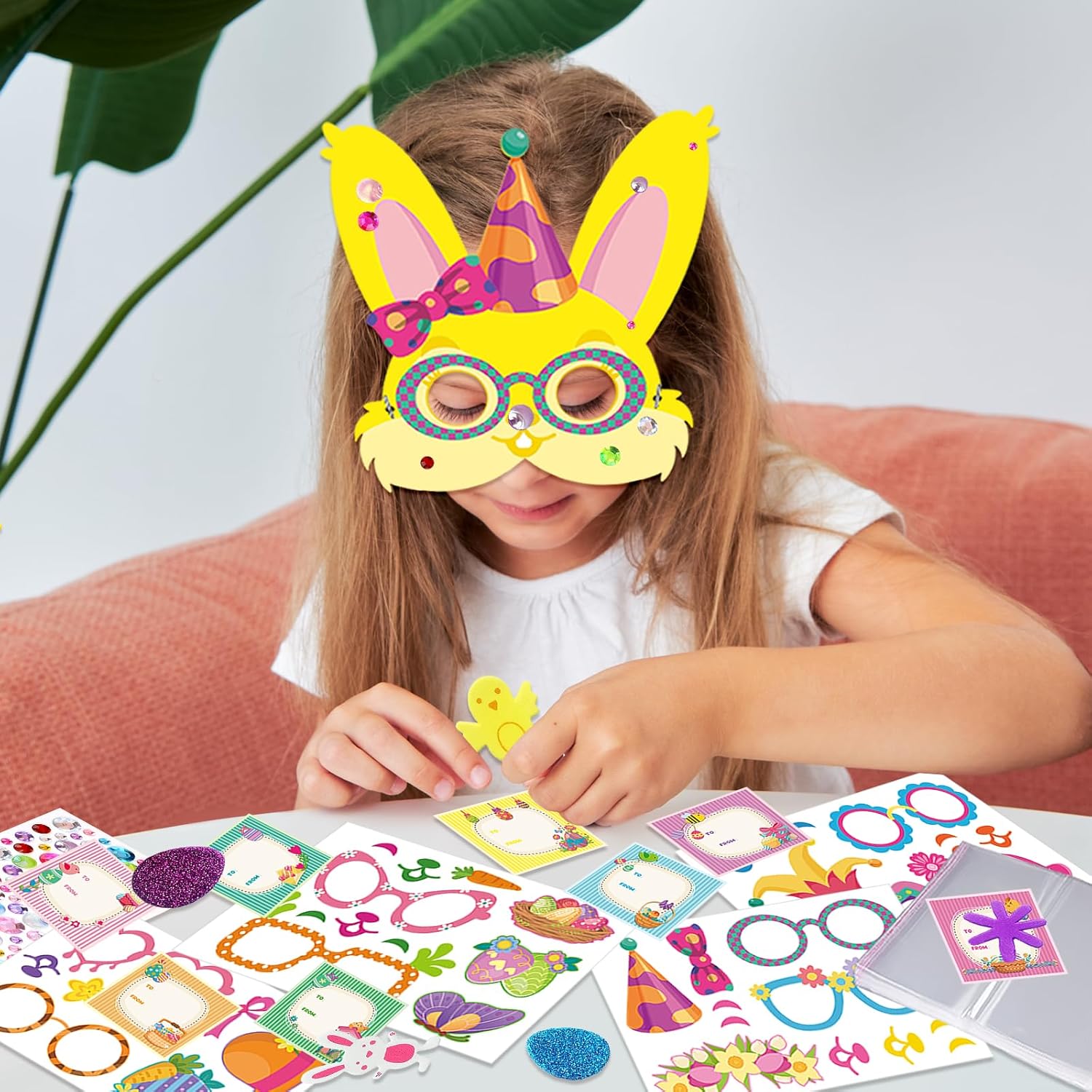 24 Sets Bunny Masks Craft Kits Easter Face Masks DIY Paper Easter Party Mask Art Sets Bunny Face Stickers for Activities Spring Party Treats