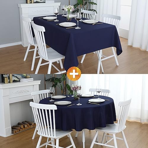 FOLINS&HOME Mantel rectangular azul marino de 52 x 70 pulgadas y redondo de 60 pulgadas, impermeable, resistente a las arrugas, tela de poliéster