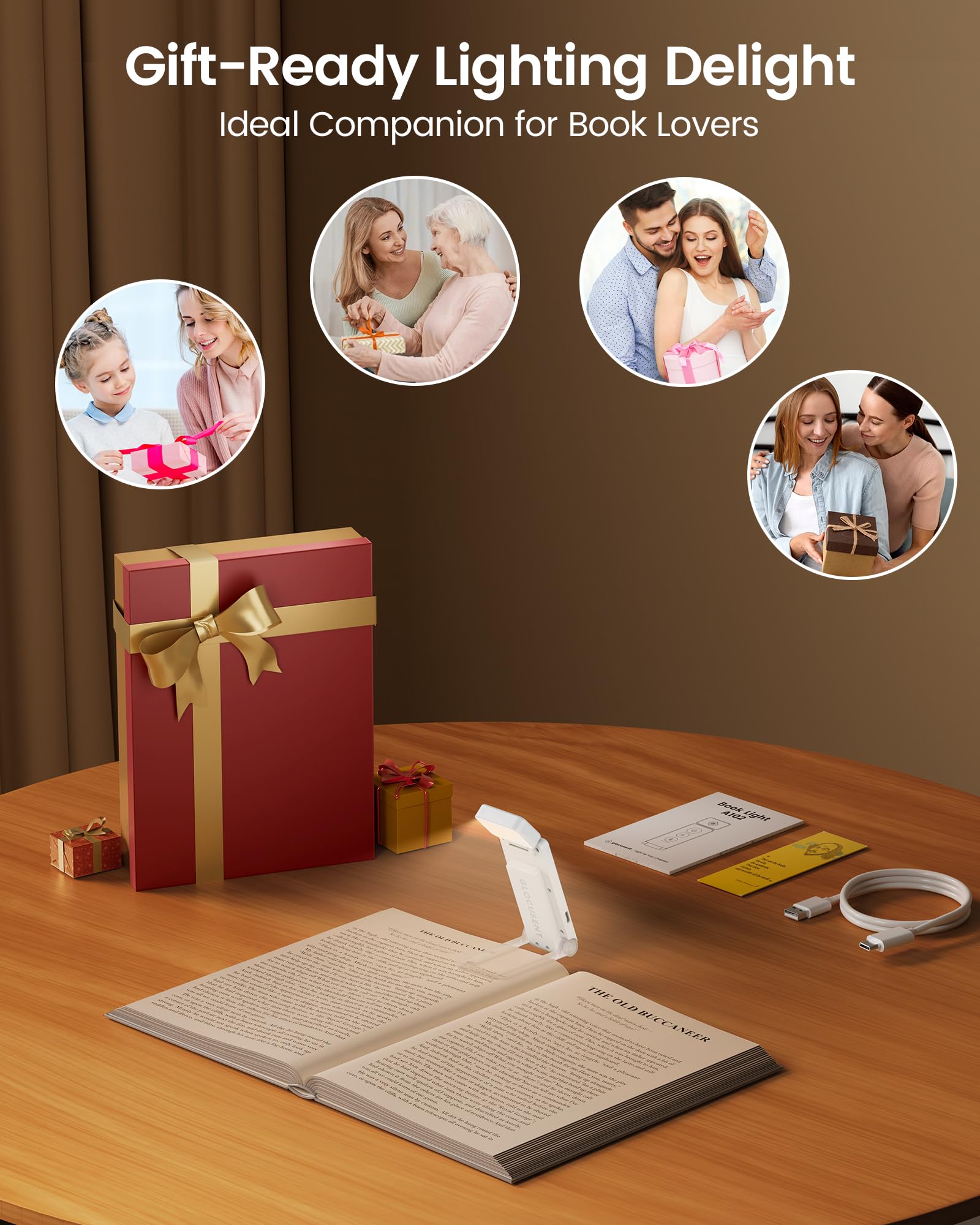 Glocusent Luz de Lectura con 12 LEDs, 5 Colores y 5 Brillos – Hasta 100H, Recargable con Clip para Kindle, Luz para Leer Libros en la Cama, Ojo‑Cuidado