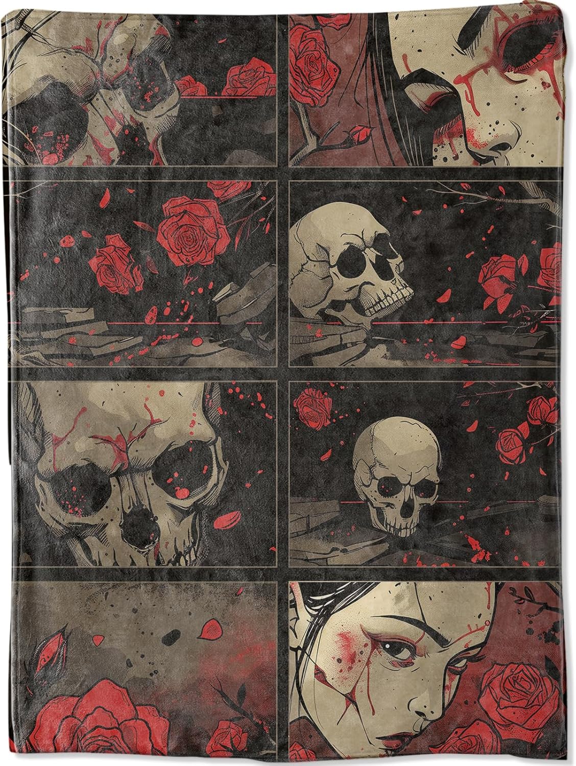 Red Rose Skull Throw Blanket, Dark Blood Face Comic Illustration Blankets for Bedroom Living Room Couch Decor, Fuzzy Cozy Soft Lightweight Throws, Birthday Gifts for Women Man Adults, 60x80 in