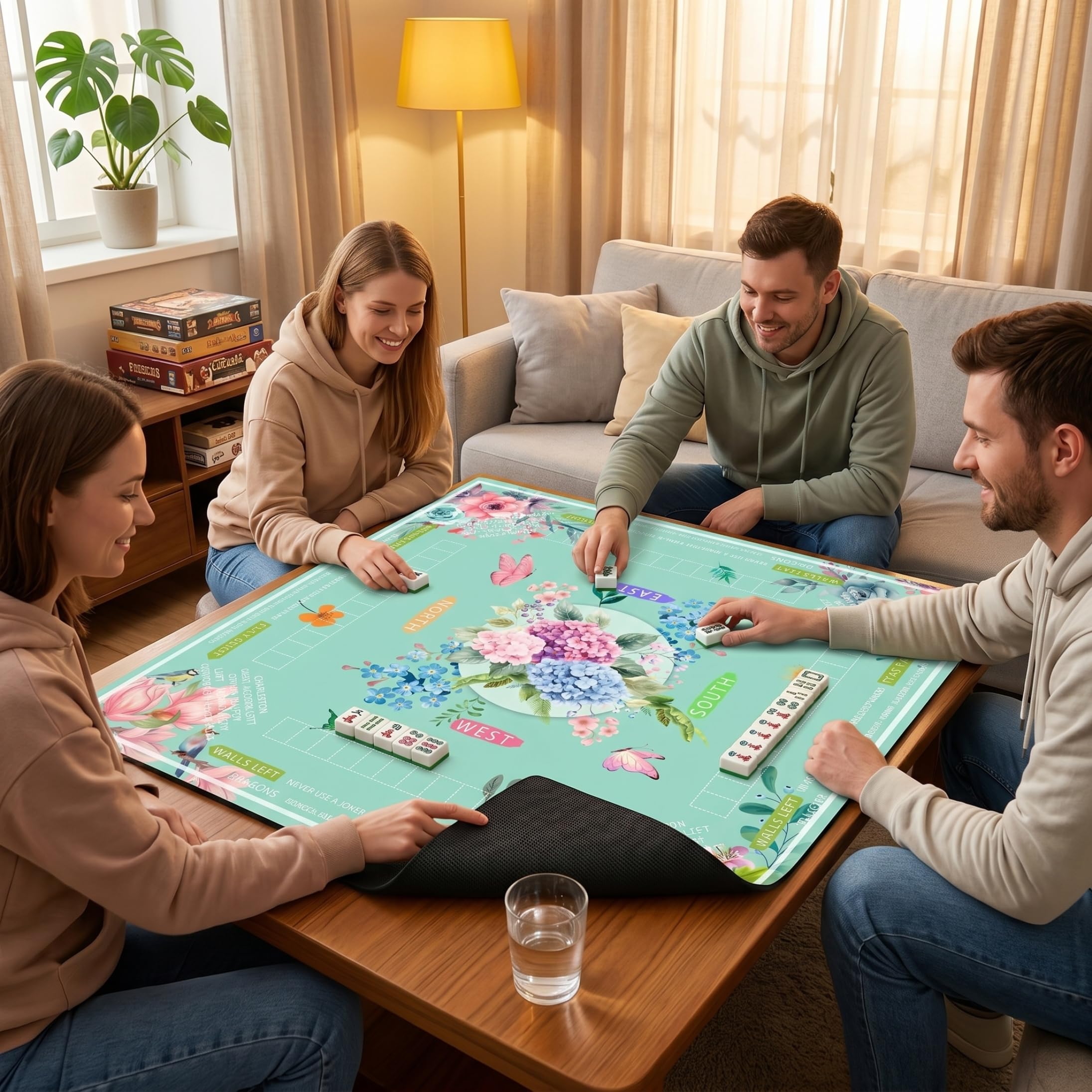 Mahjong-Matte für Tisch, geräuschreduzierende und Faltbare Mah-Jongg-Matte, quadratische Mah-Jongg-Matten mit Blumenmuster, grün, 31, 5 x 31, 5 Zoll