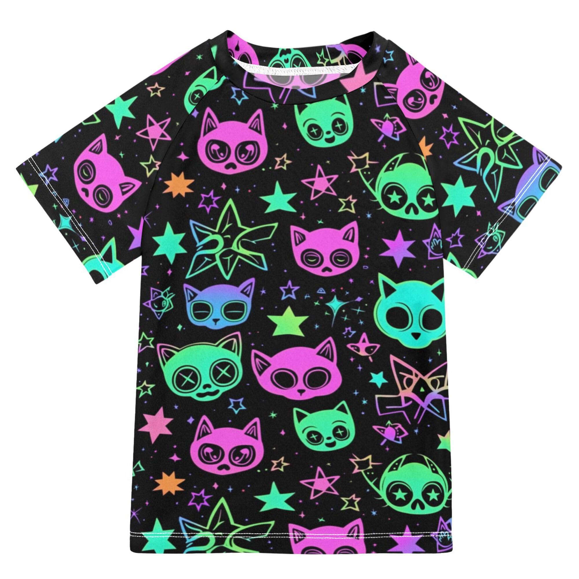 Cute Cartoon Witchcraft Cats Bright Bathing Suit Girls Short Sleeves Activewear Swimwear Beach Tops 3T