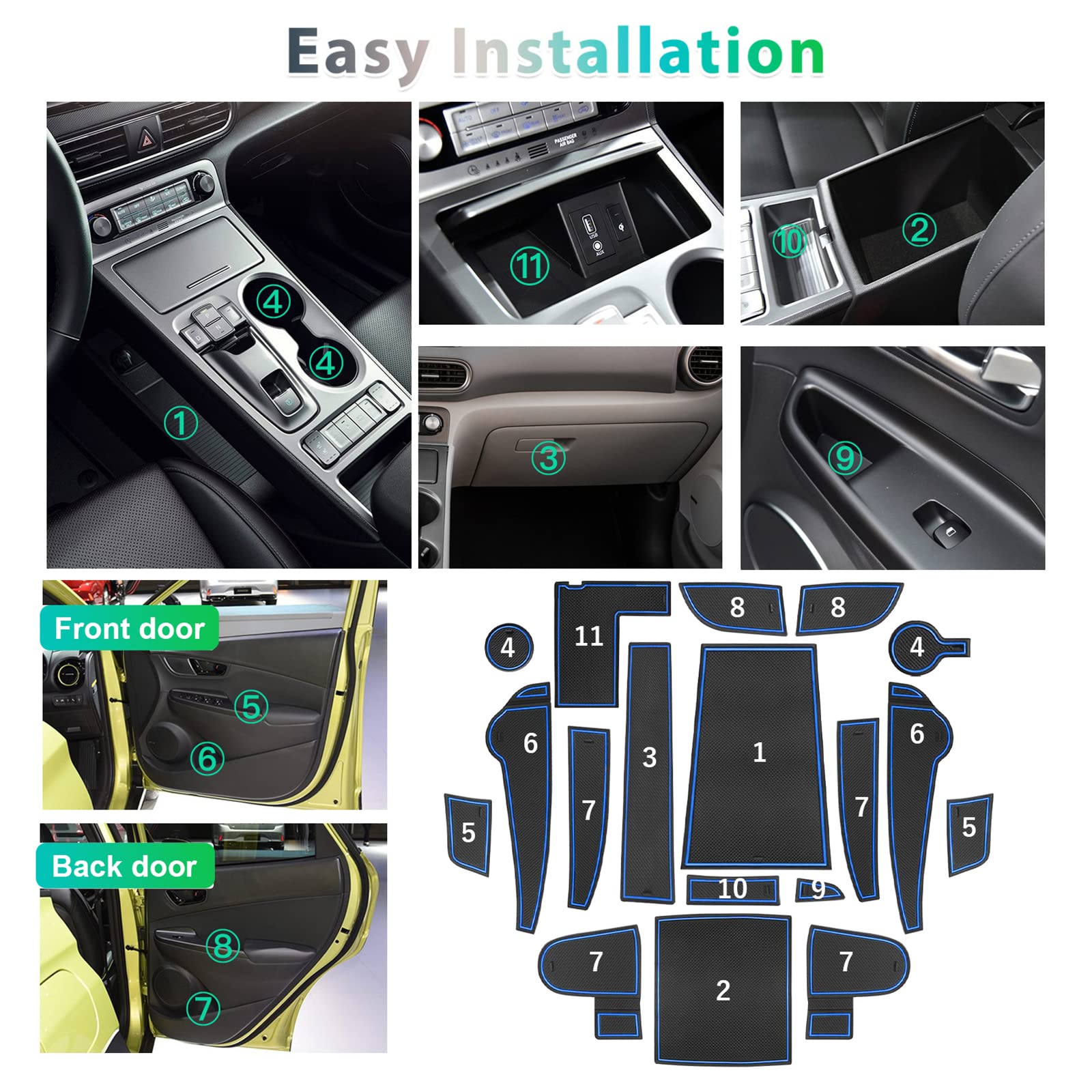 GAFAT 2019-2022 2023 Hyundai Kona Elektro EV Electric maty antypoślizgowe, gumowe maty do konsoli środkowej, uchwytu na napoje, szew drzwiowy [tylko do wersji EV] [nie do nowych 2024-] (niebieskie)