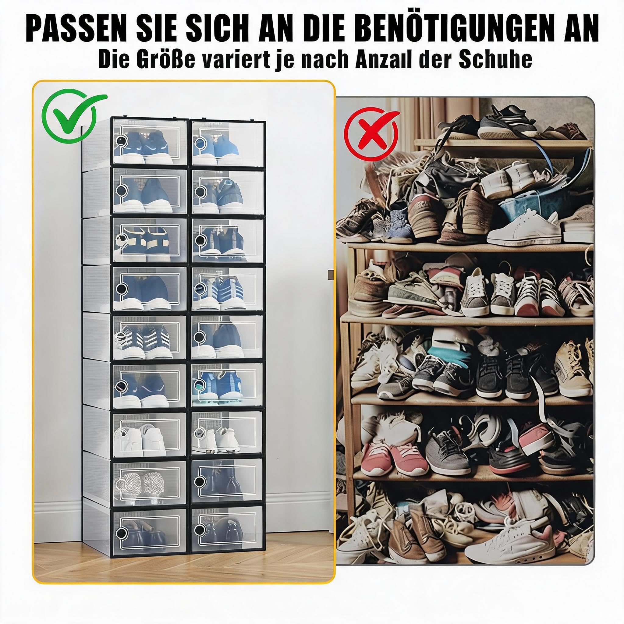 18er Set stapelbare Schuhboxen, transparentes Kunststoff Schuhaufbewahrungssystem – Front-Klapptür, Belüftung & Staubschutz – für Sneaker/Trainer bis UK 13.5, für Schrank & Flur, Farbe: