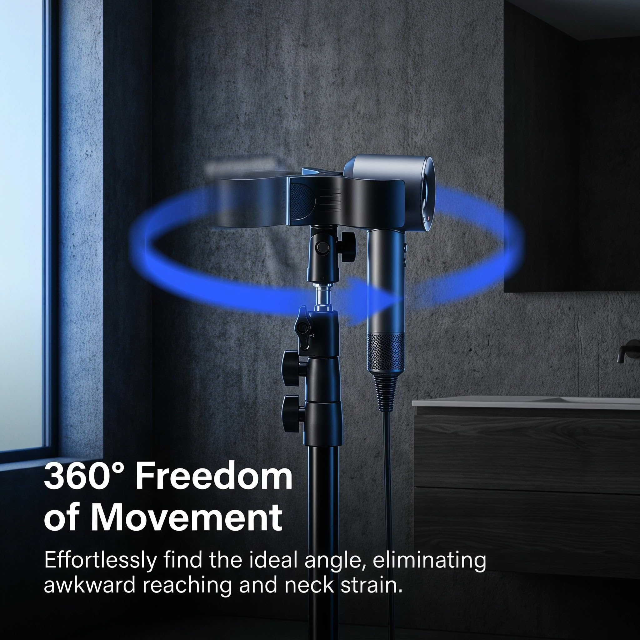 Soporte Ancha Ajustable de Altura Pelo para Secador 360° Giratorio con Clip de Sujeción Base y Almohadilla Antideslizante para Uso en Salón y Hogar