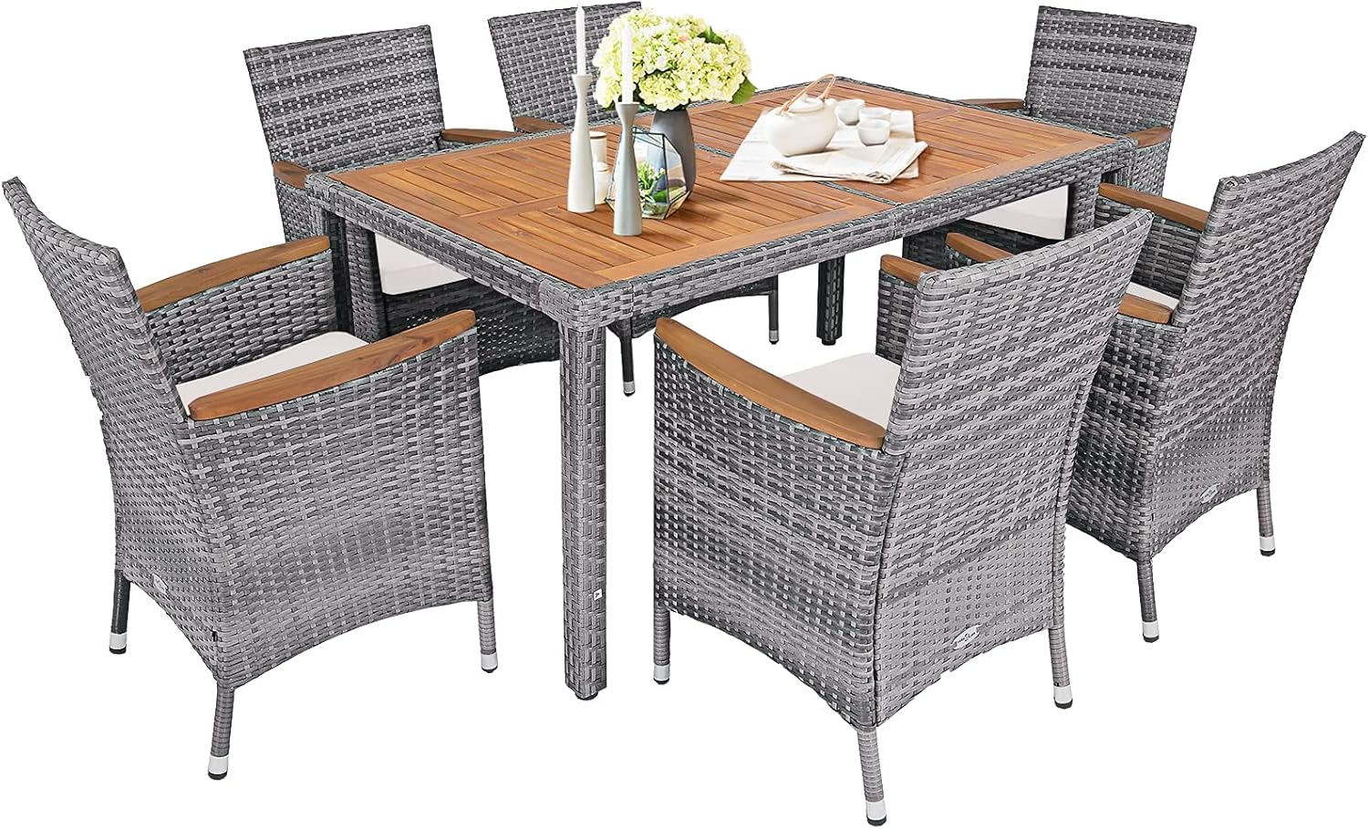 Tangkula 7 Pieces Outdoor Dining Furniture Set, Patio Rattan Conversation Set with Spacious Acacia Wood Table, 6 Chairs with Widened Armrests, Non-slip Foot Pads, Suitable for Backyard Poolside (Grey) : Patio, Lawn & Garden