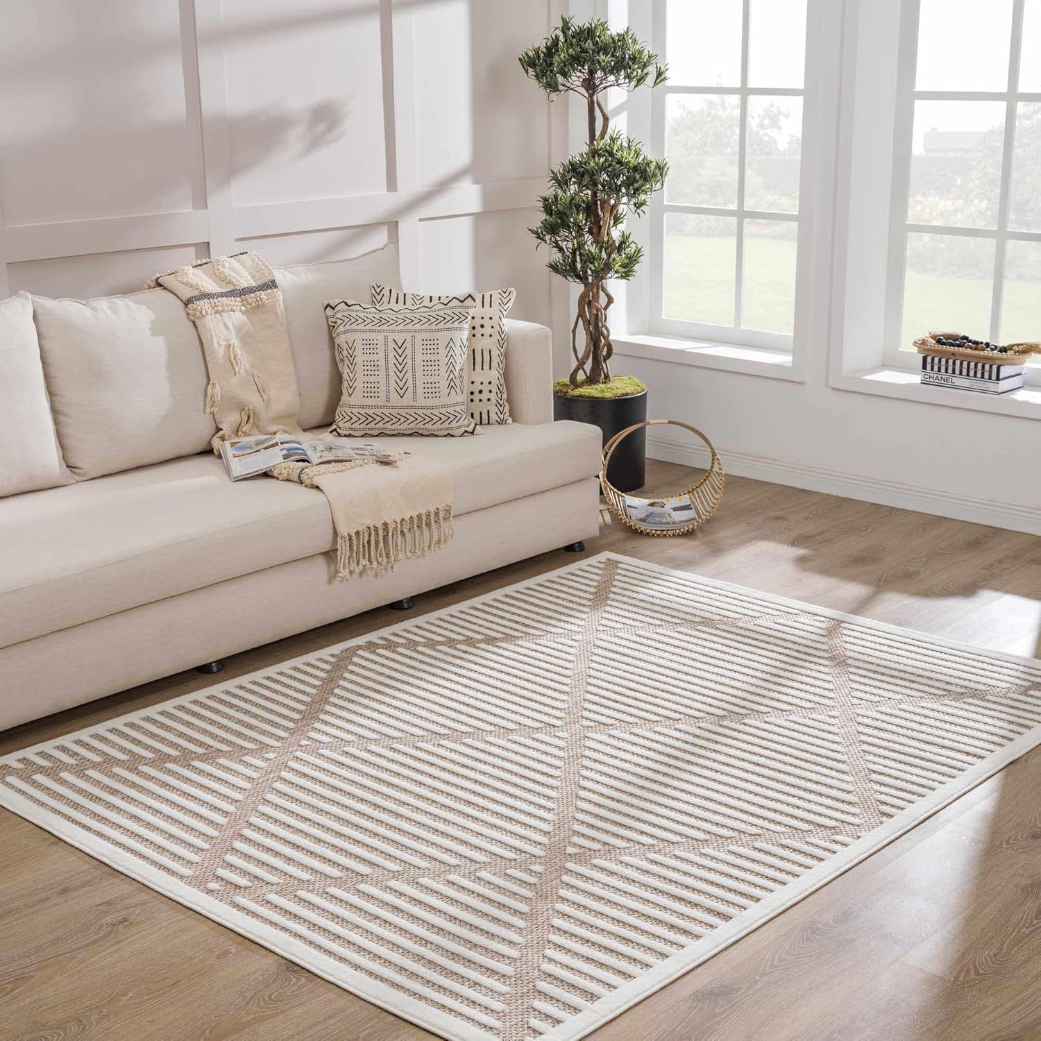 Hauteloom Nerys Moroccan Geometric Area Rug - Outdoor Safe - Striped Diamond Performance Carpet for Porch, Patio, Living Room - High Traffic Rug - Beige, White, Brown - 6'7" x 9' (6x9 Area Rug)