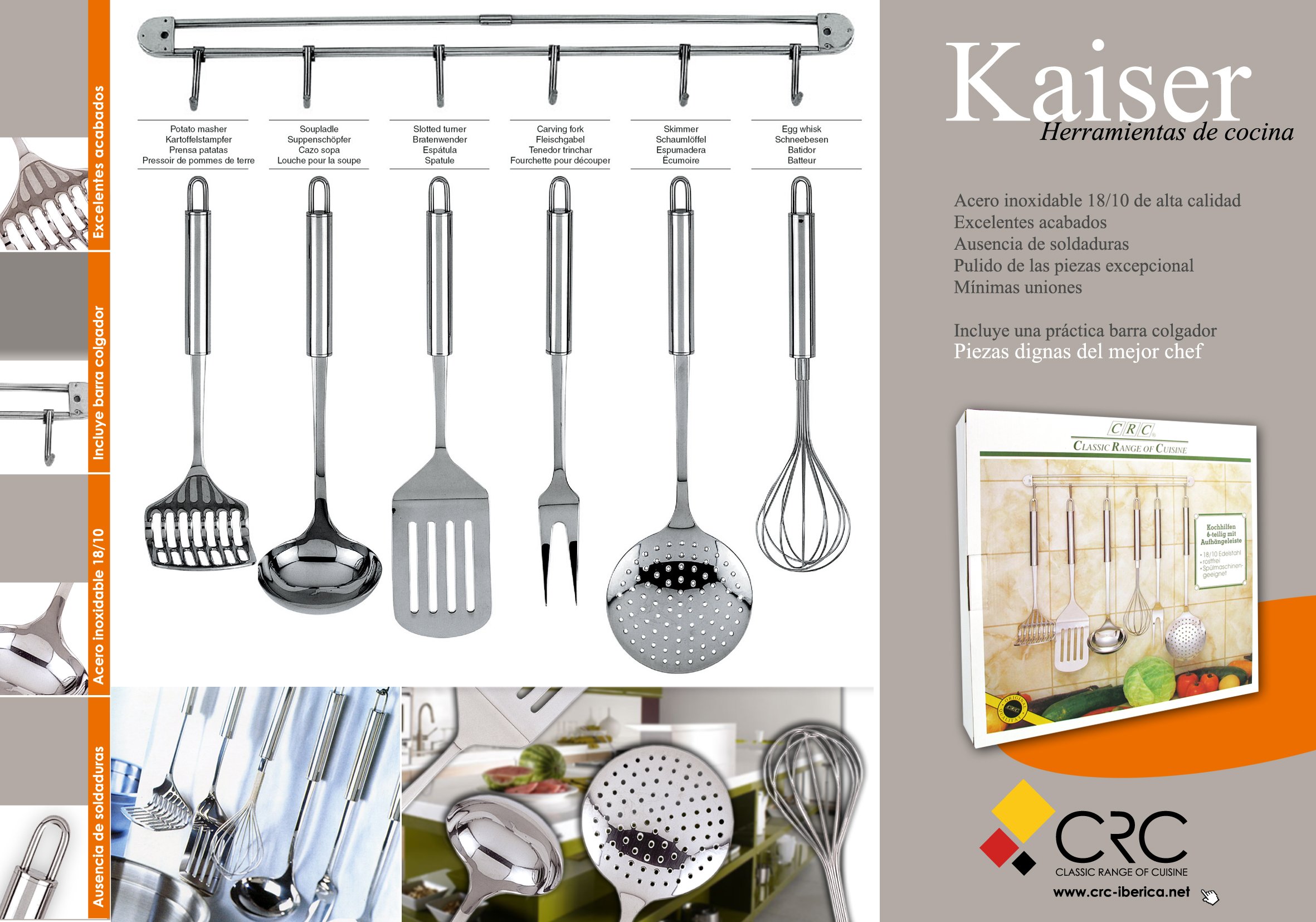 Set di 6 utensili da cucina e gancio – Acciaio inox