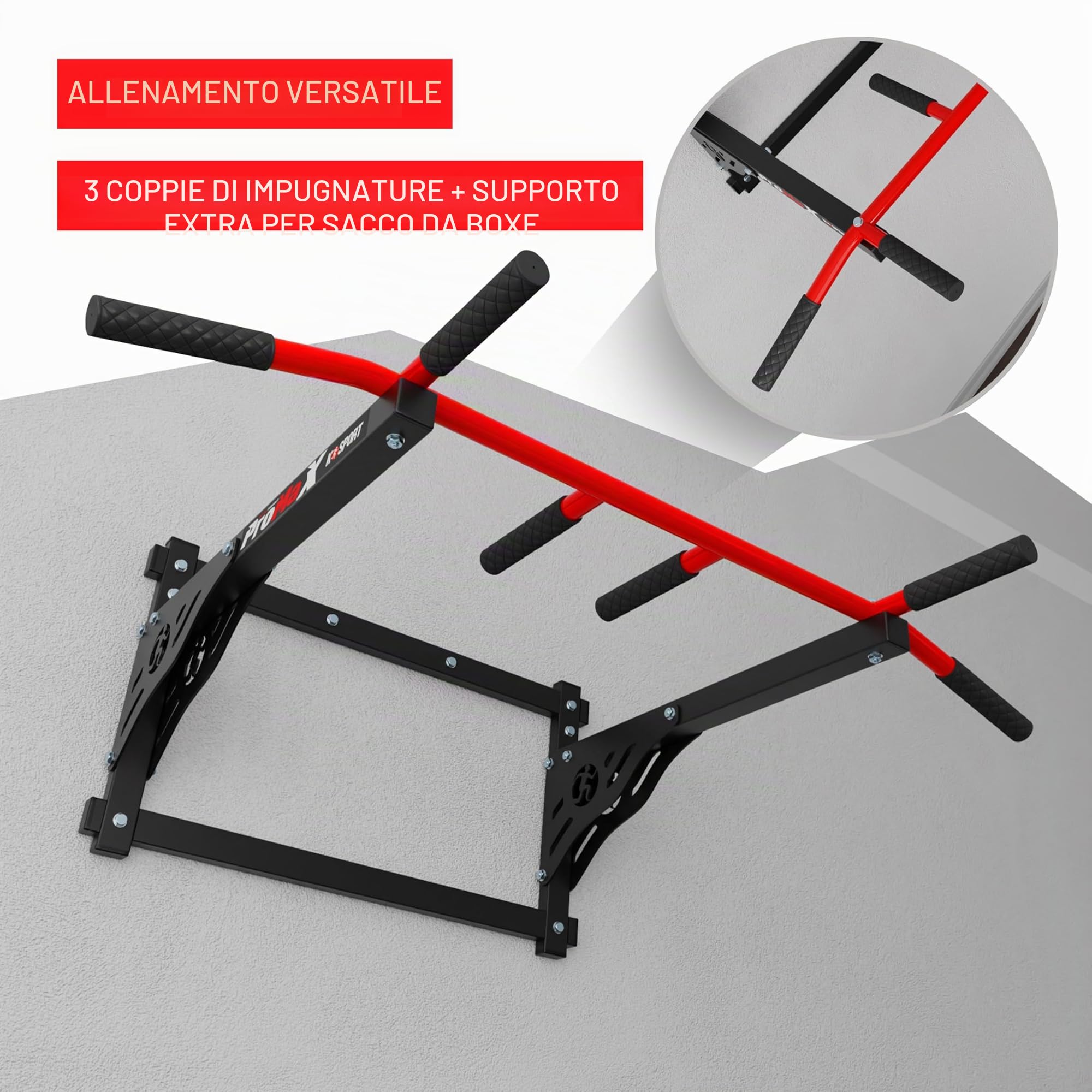K-Sport: Barra per trazioni per montaggio a parete - Barra per trazioni con 3 diverse maniglie - Torre per trazioni per l'allenamento muscolare - Pull Up Mate I Attrezzatura fitness professionale per