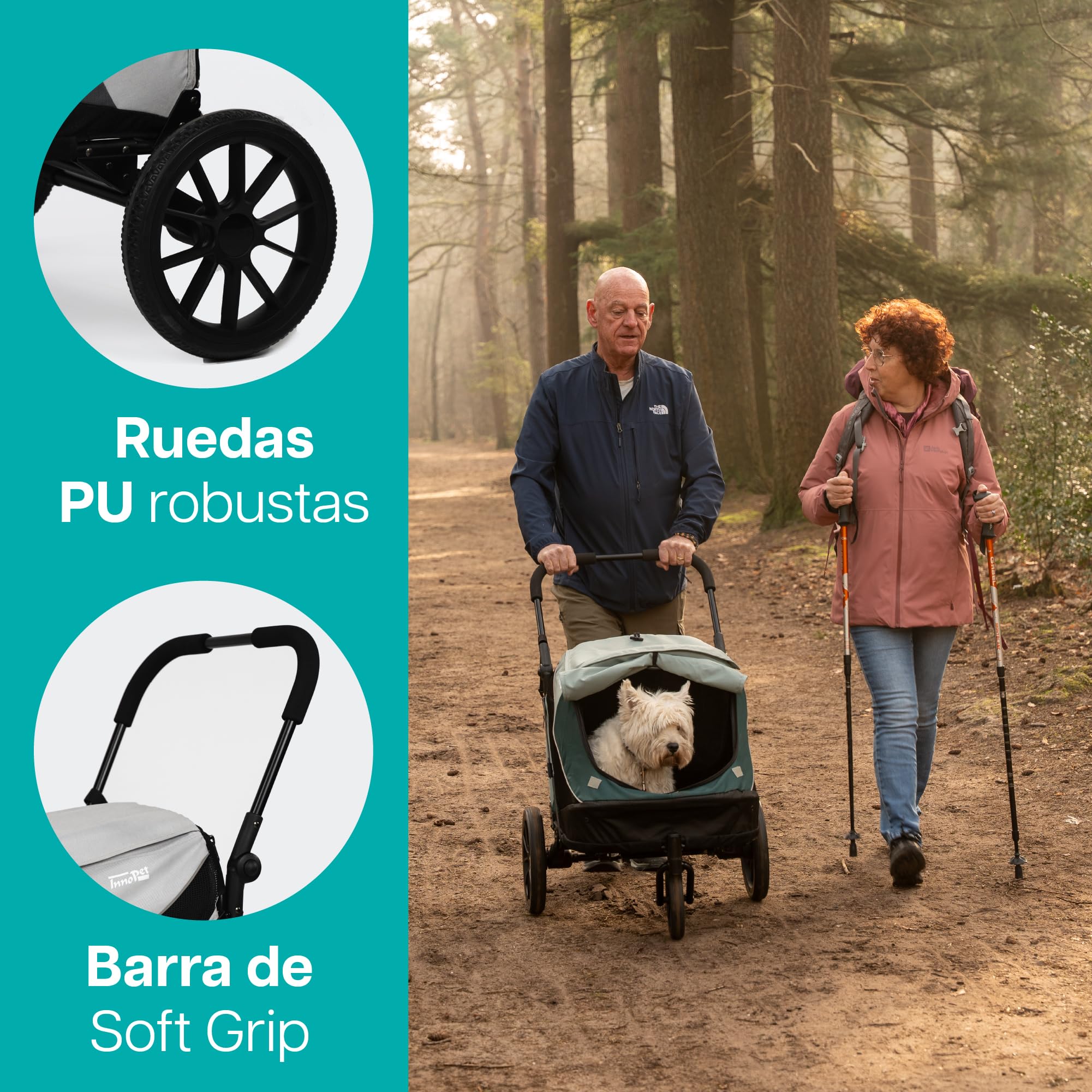 InnoPet Noah Coche para Perros - Para Perros Pequeños y Medianos hasta 25 kg - Todo Terreno - Manillar Ajustable - Incluye Funda para la Lluvia - Gris