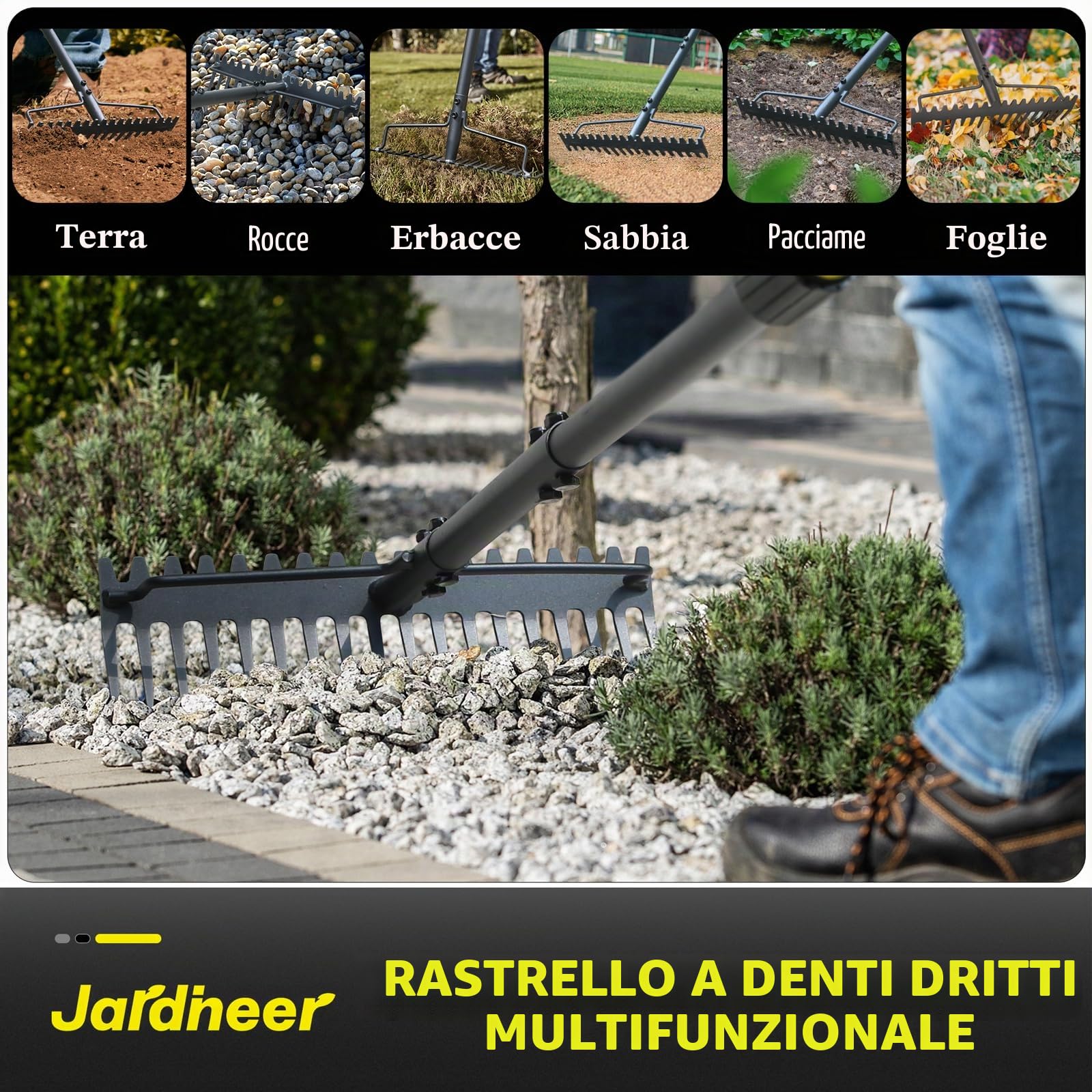 Jardineer Rastrello ad arco resistente, con manico lungo, in metallo, per ghiaia, rocce, foglie di prato, livellamento del terreno, paesaggistica, rastrello da giardino con 18 denti in acciaio (150 cm