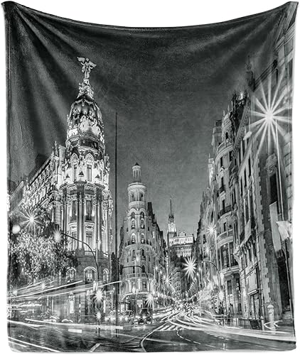 Ambesonne Black and White Throw Blanket, Madrid City at Nighttime in Spain Main Street Architecture, Flannel Fleece Accent Piece Soft Couch Cover