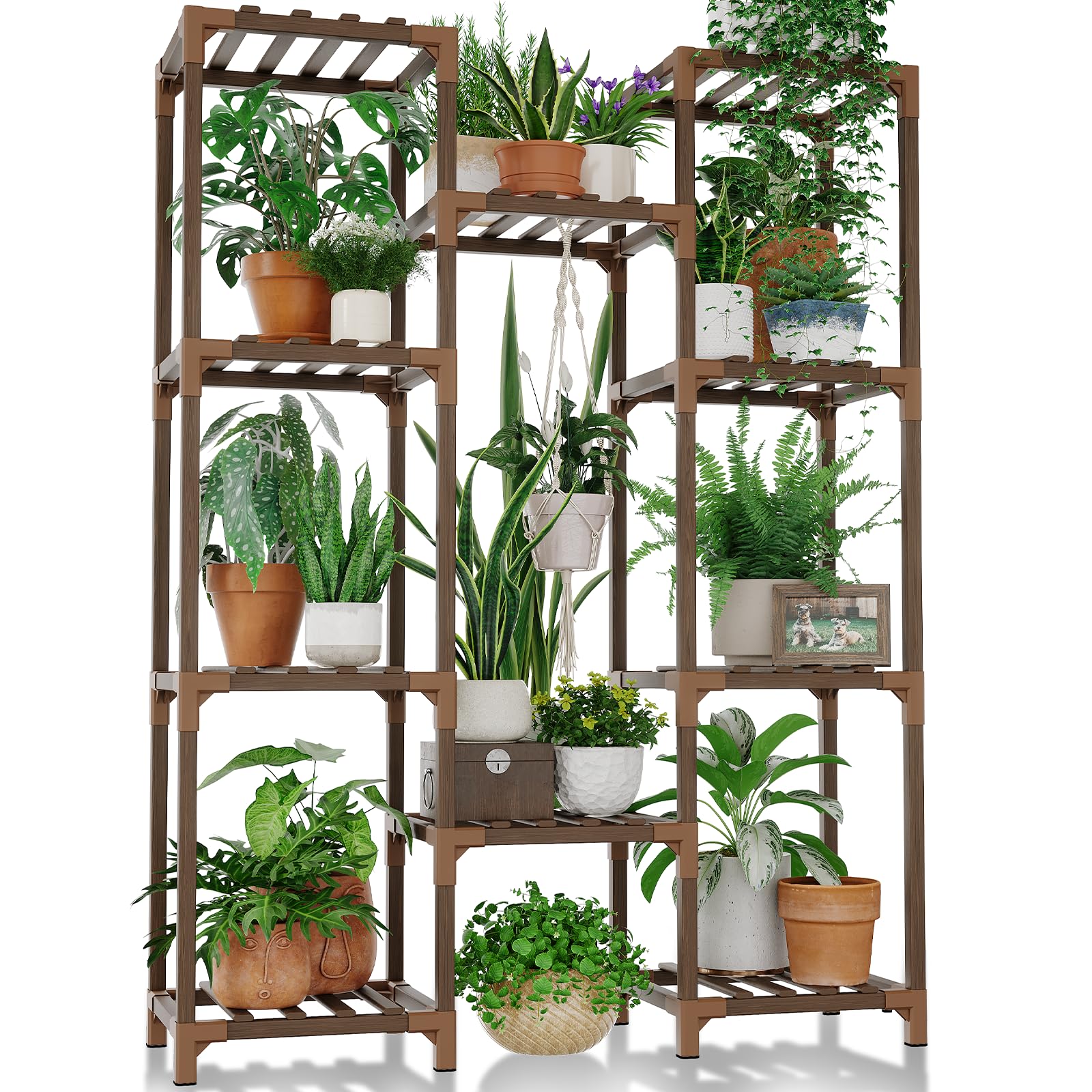 Bamworld Plant Stand Indoor Outdoor Tall Plant Shelf for Multiple Plants Pots Wood Flower Stand Large Flower Holder for Living Room, Patio, Balcony, Garden Decor, Brown